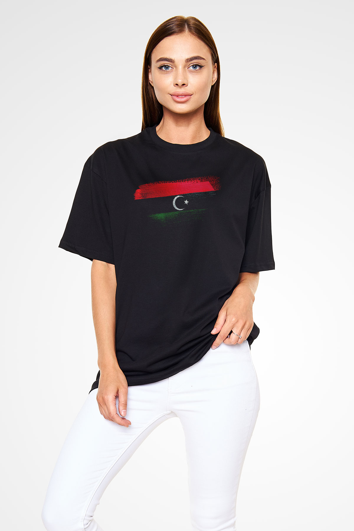 Libya Bayrağı Baskılı Unisex Siyah Oversize Tişört