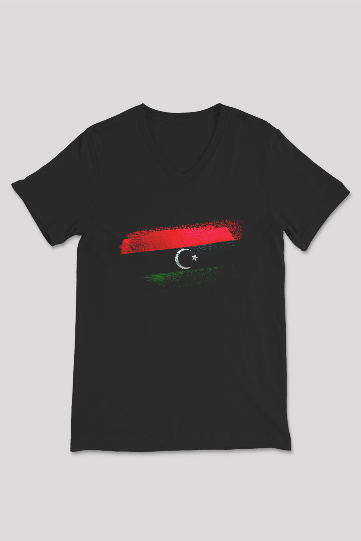 Libya Bayrağı Baskılı Unisex Siyah V Yaka Tişört