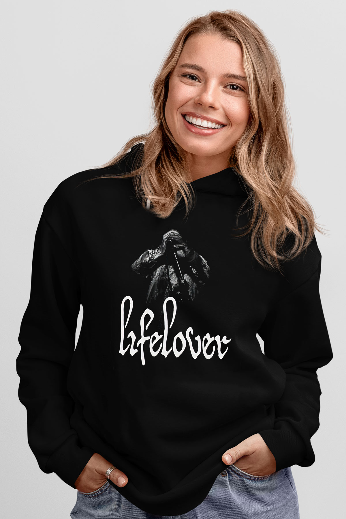 Lifelover Baskılı Unisex Siyah Kapüşonlu Sweatshirt