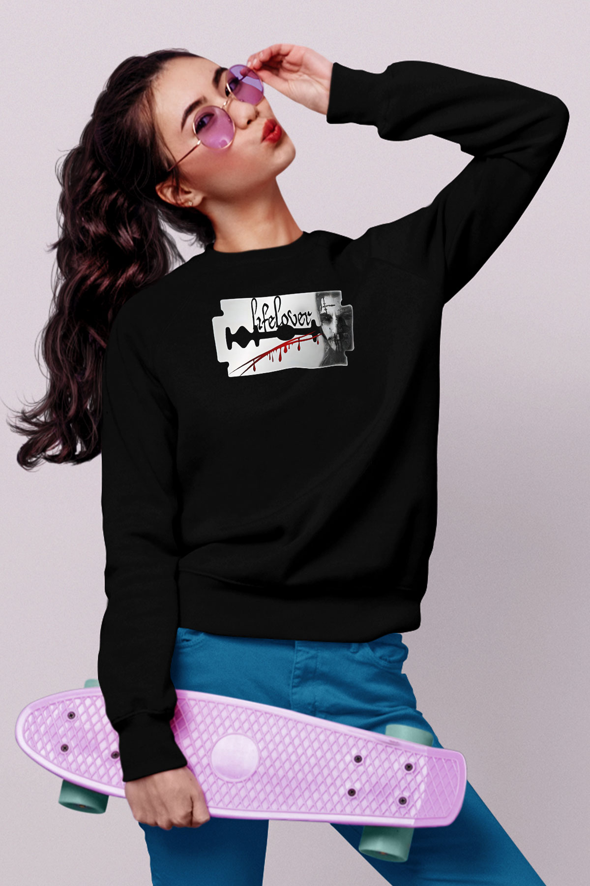 Lifelover Baskılı Unisex Siyah Sweatshirt