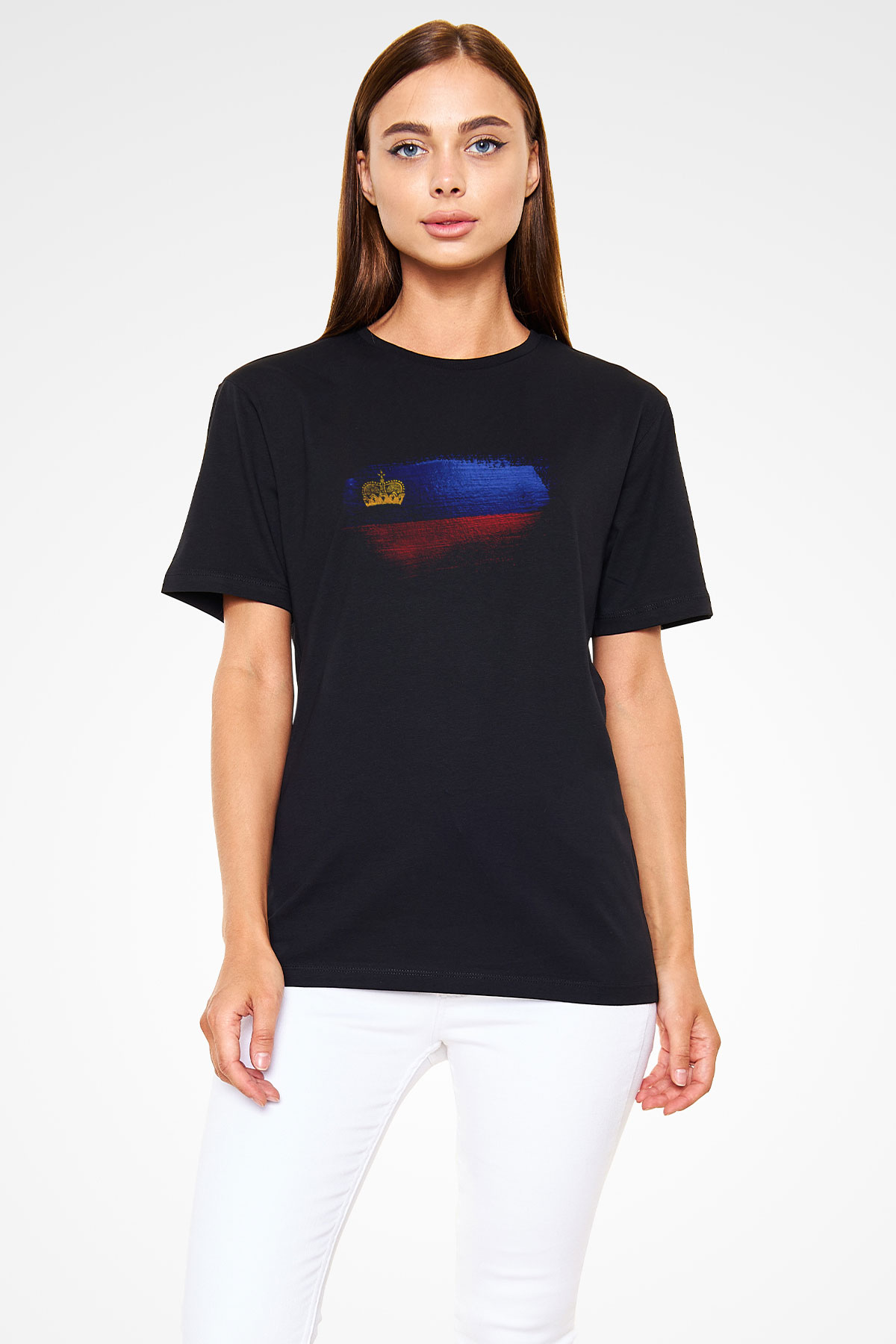 Lihtenştayn - Liechtenstein Bayrağı Baskılı Unisex Siyah Tişört