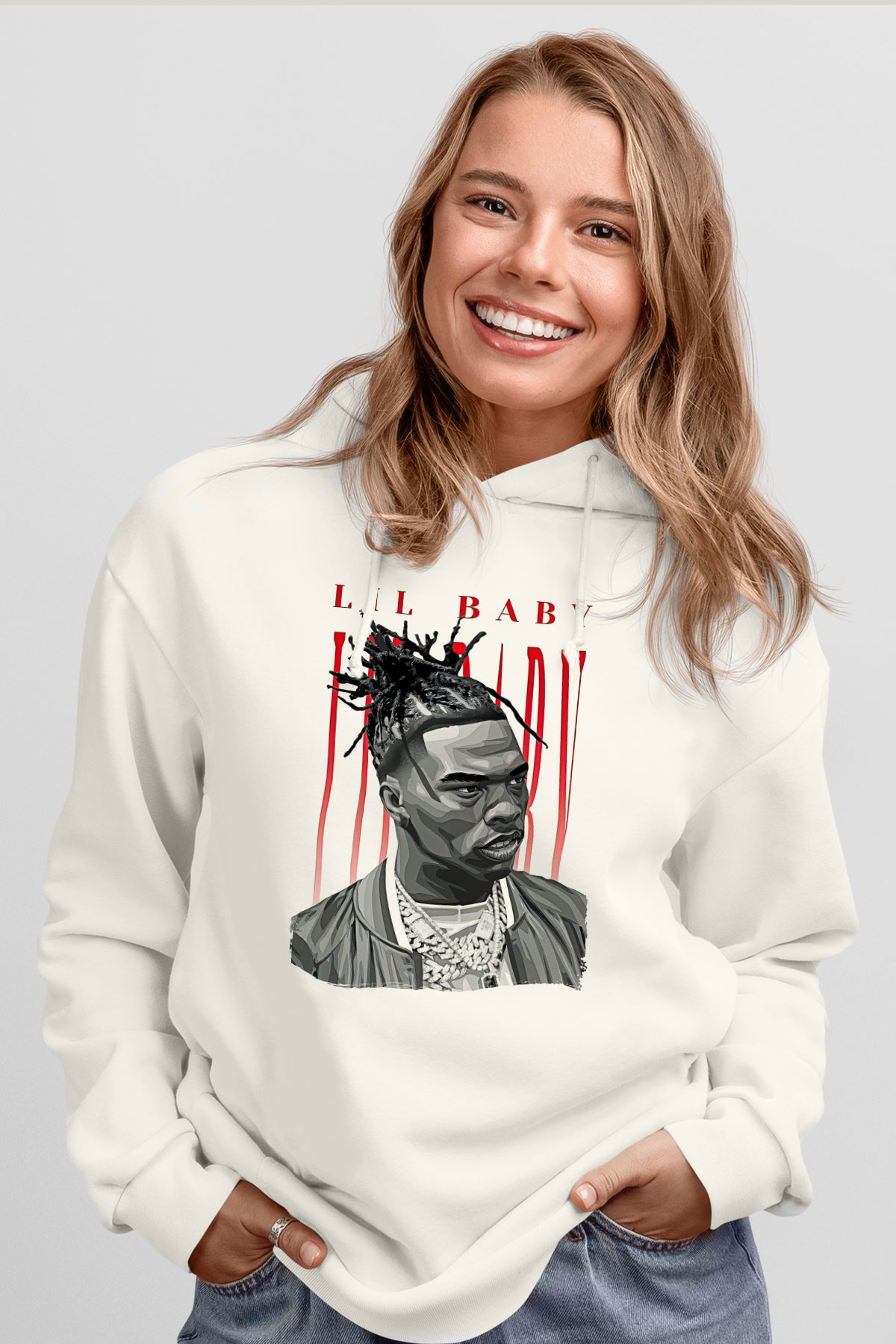 Lil Baby Baskılı Beyaz Unisex Kapüşonlu Sweatshirt