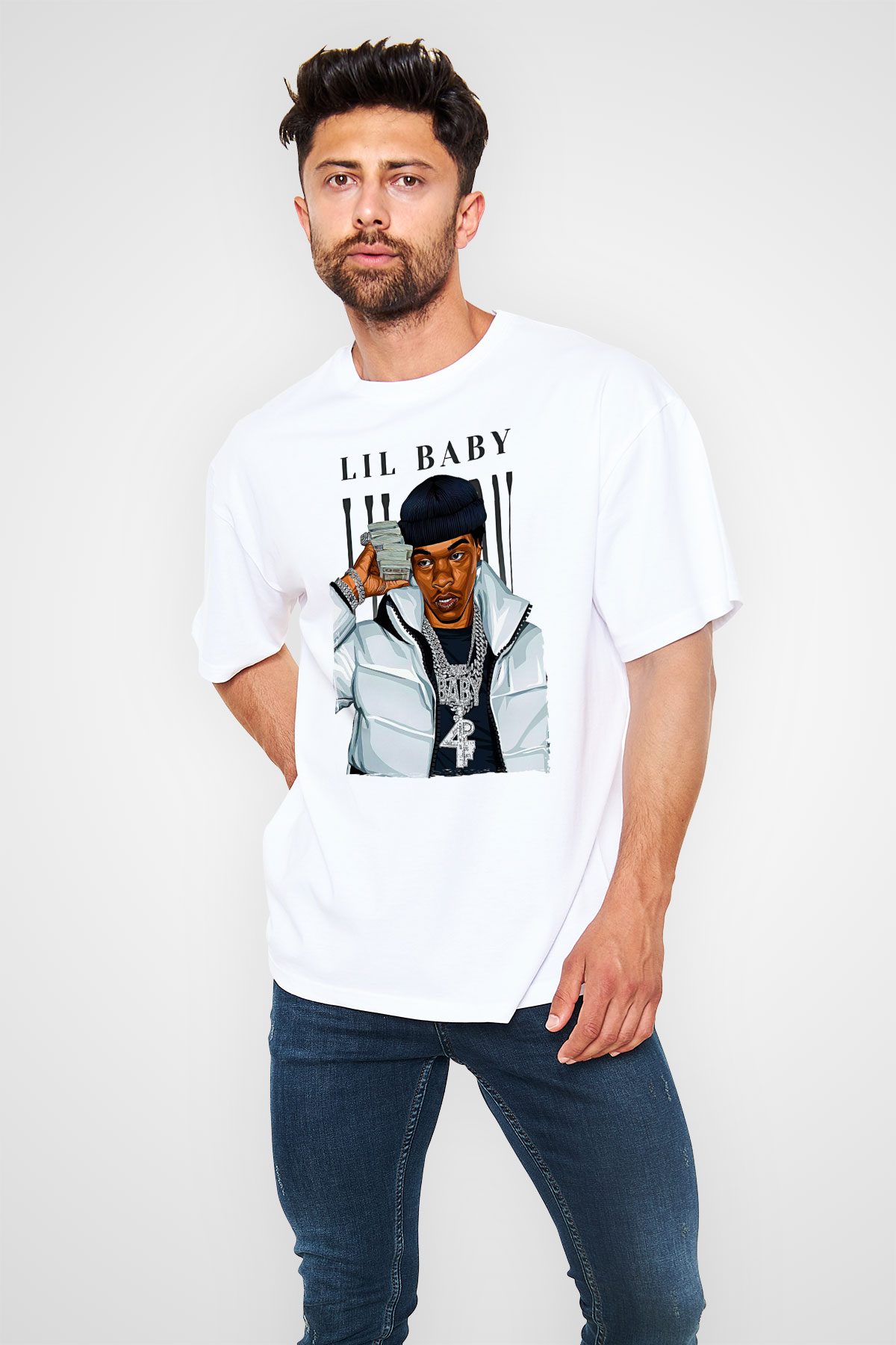 Lil Baby Baskılı Beyaz Unisex Oversize Tişört - Tshirt