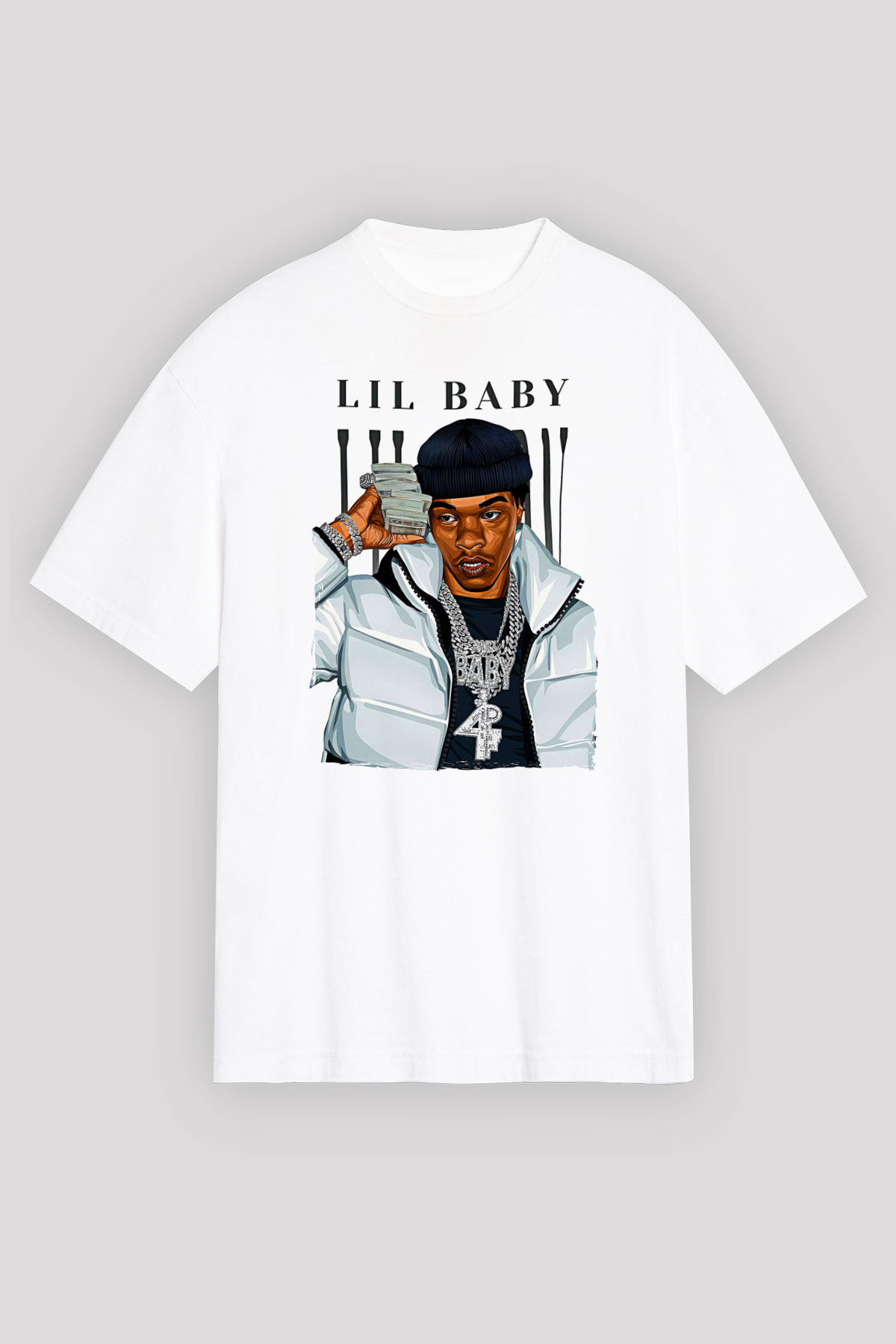 Lil Baby Baskılı Beyaz Unisex Oversize Tişört - Tshirt