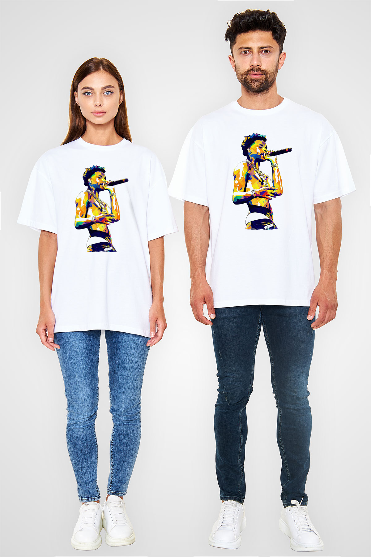 Lil Baby Baskılı Beyaz Unisex Oversize Tişört - Tshirt