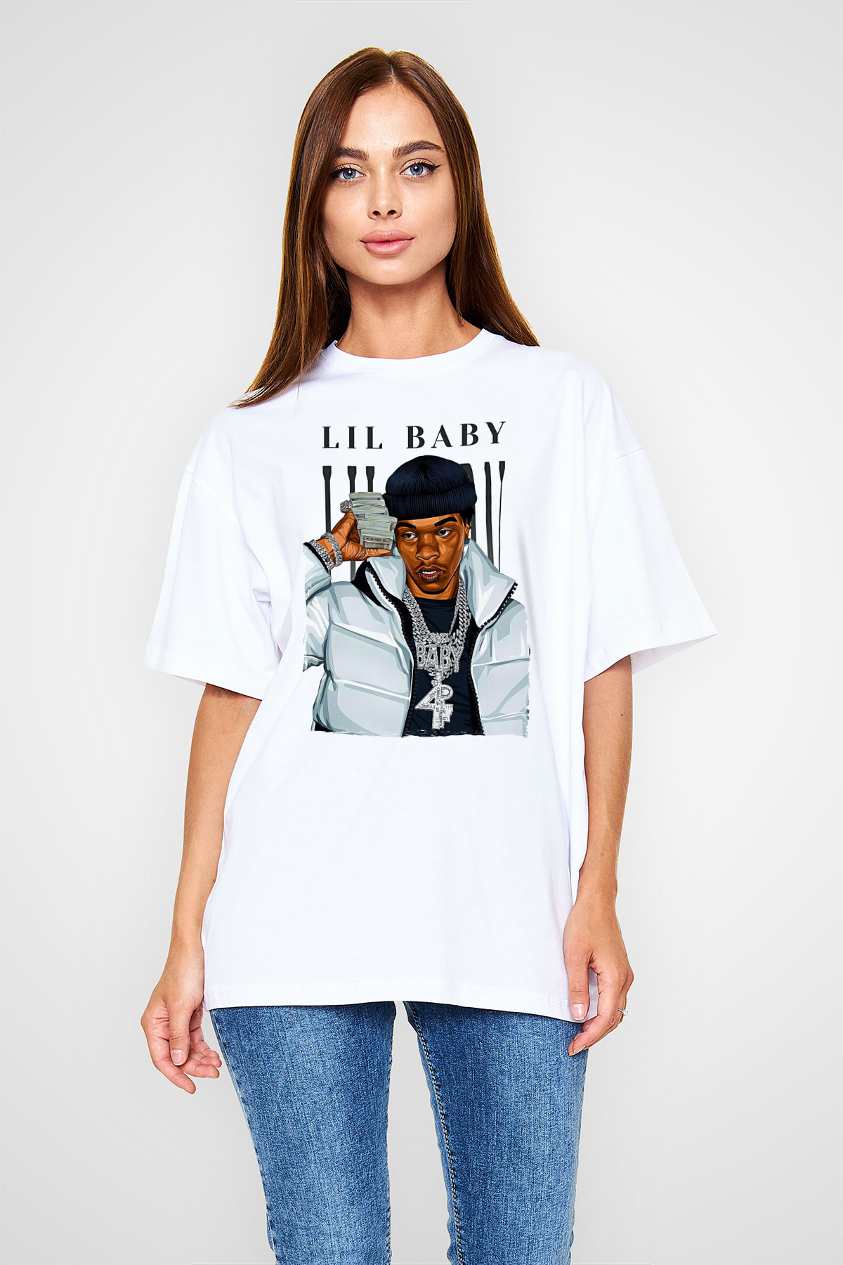 Lil Baby Baskılı Beyaz Unisex Oversize Tişört - Tshirt