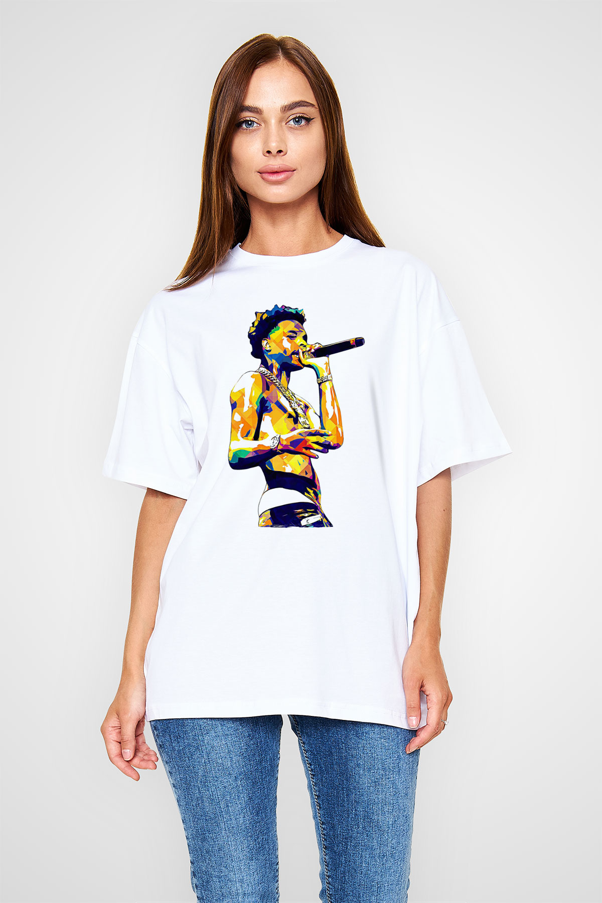 Lil Baby Baskılı Beyaz Unisex Oversize Tişört - Tshirt