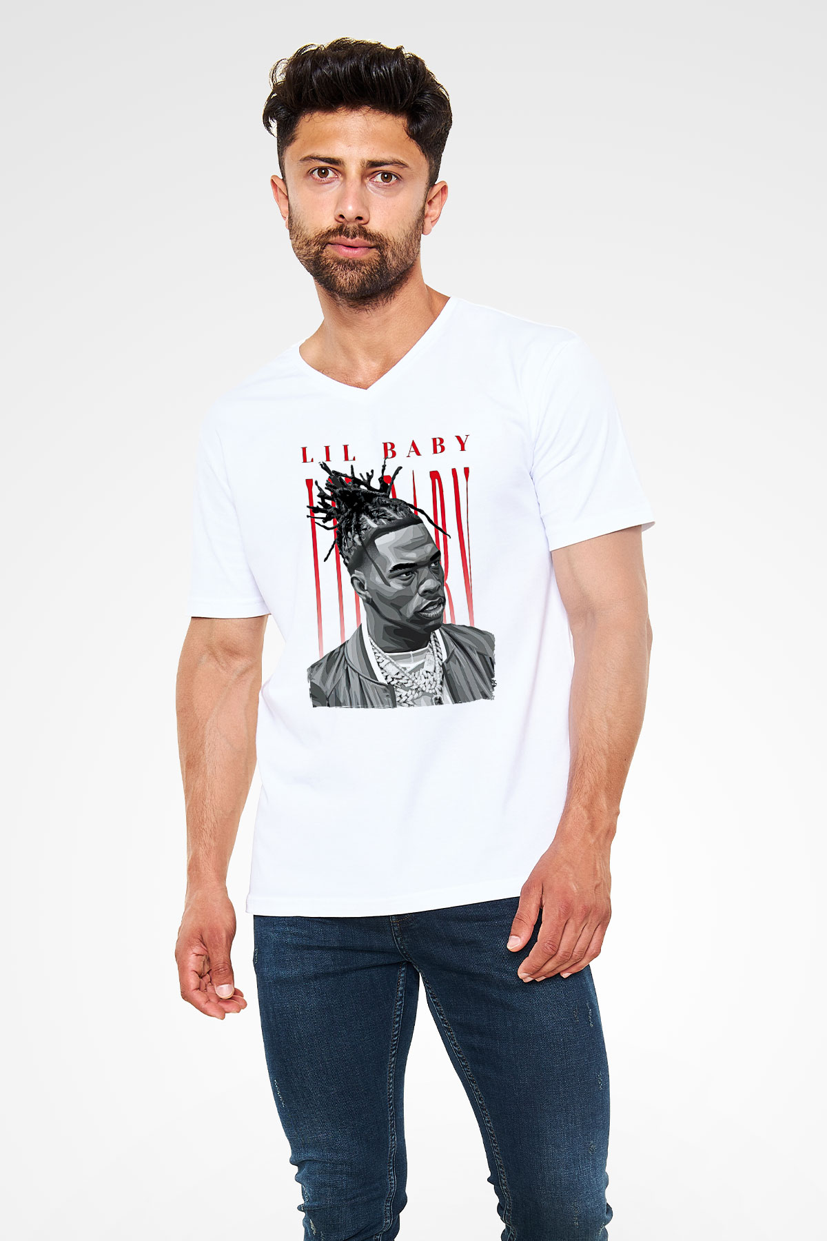 Lil Baby Baskılı Beyaz Unisex V Yaka Tişört - Tshirt