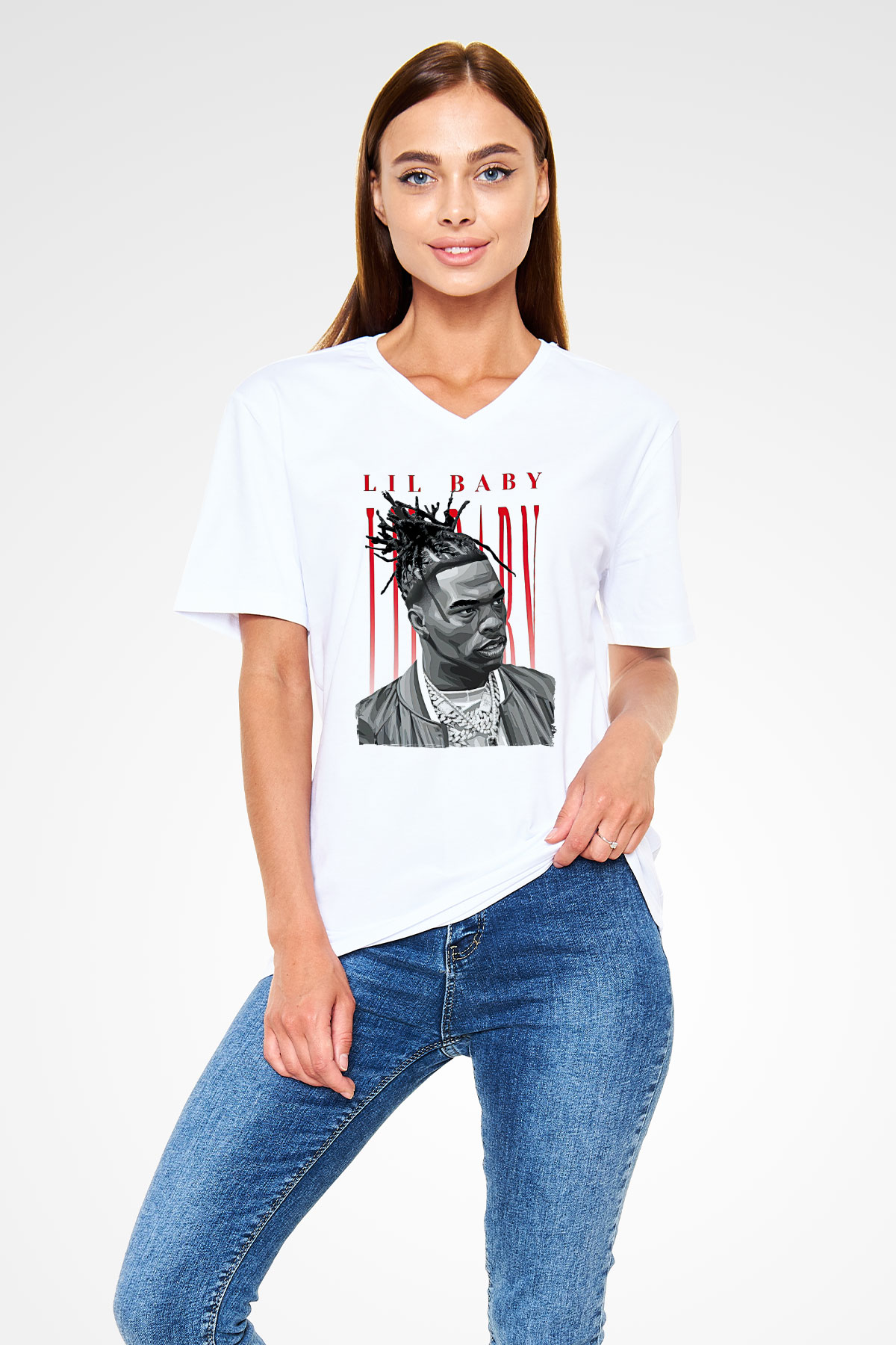 Lil Baby Baskılı Beyaz Unisex V Yaka Tişört - Tshirt