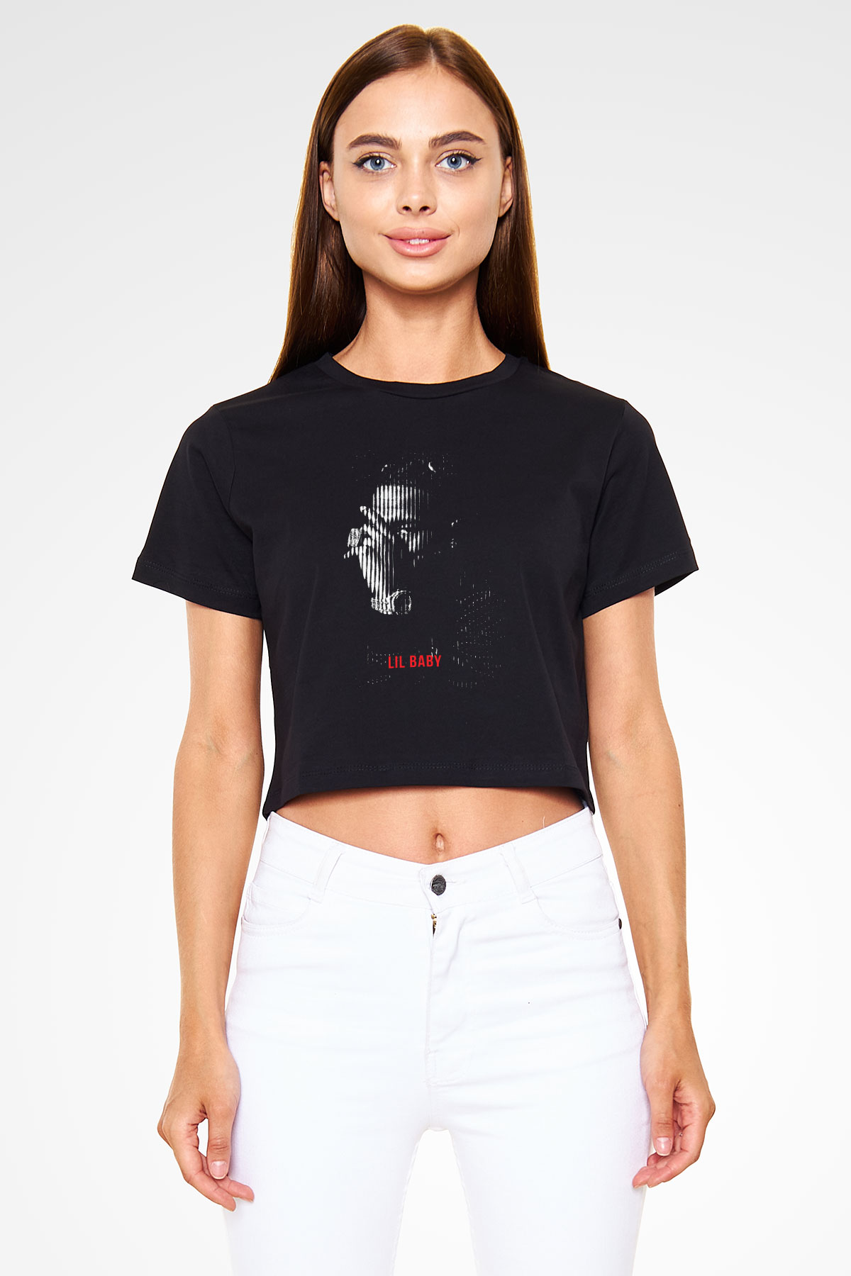 Lil Baby Baskılı Siyah Crop Top Kadın Tişört - Tshirt