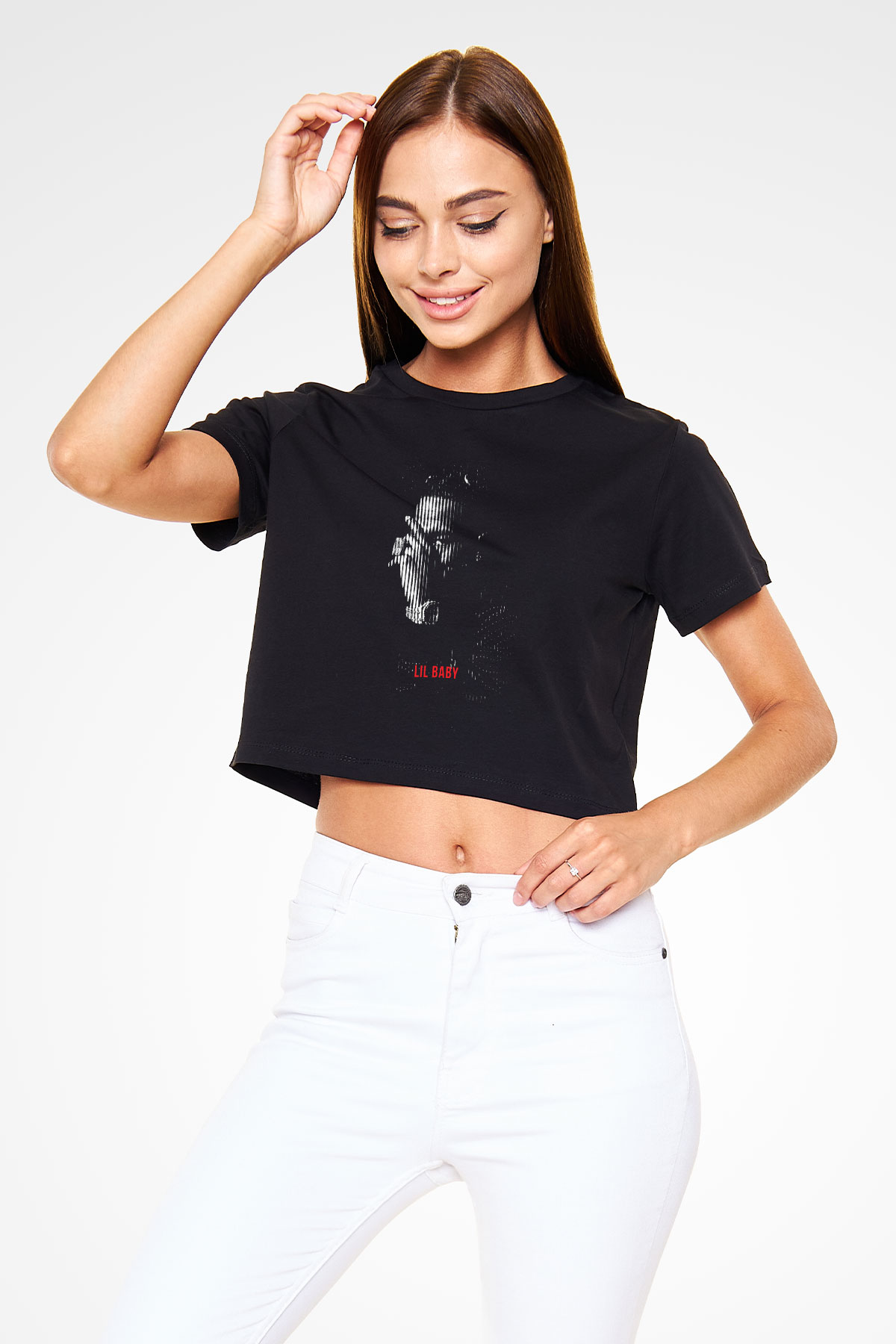 Lil Baby Baskılı Siyah Crop Top Kadın Tişört - Tshirt