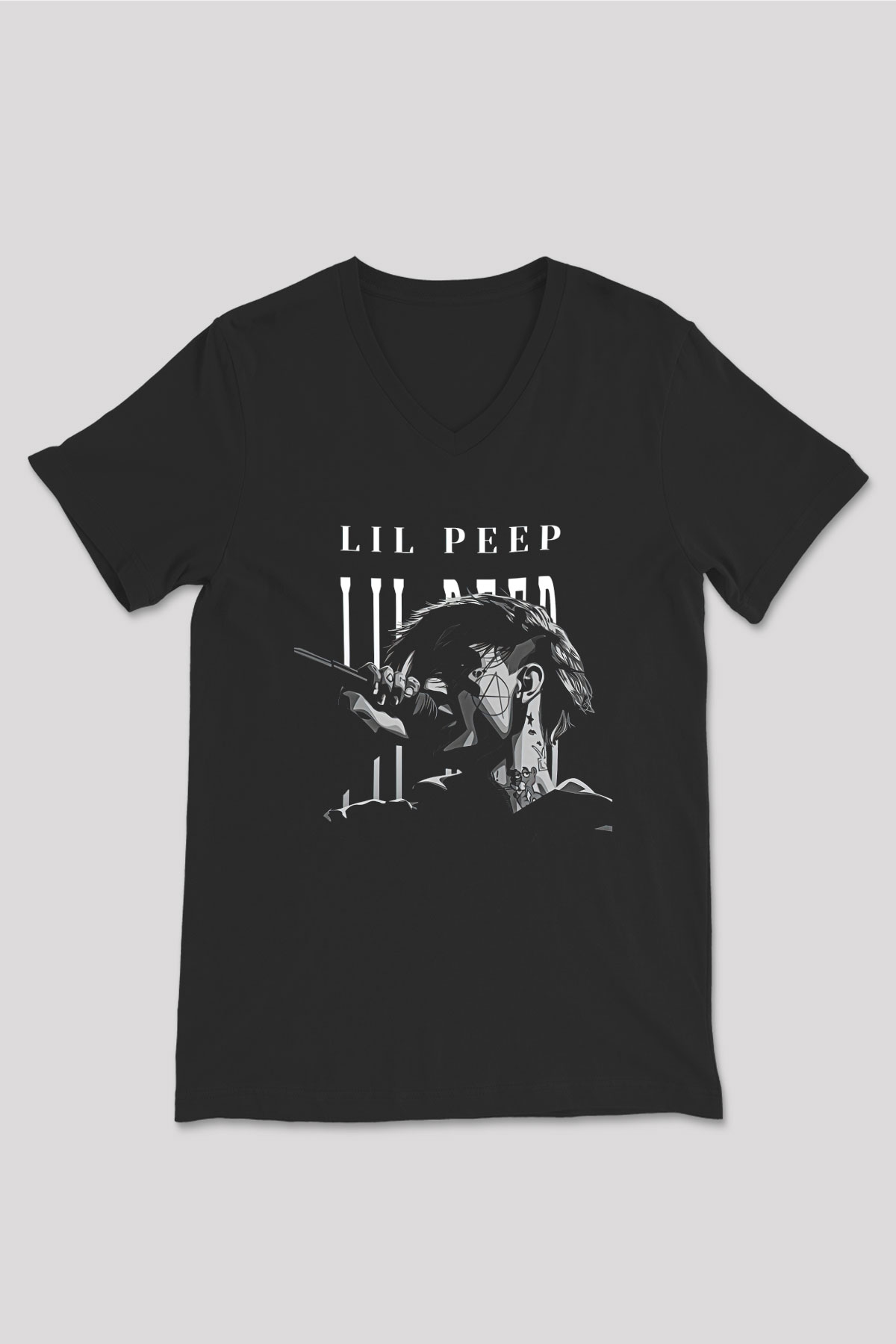 Lil Peep Baskılı Unisex Siyah V Yaka Tişört - Tshirt