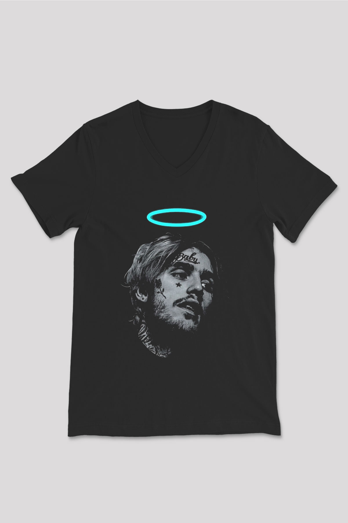 Lil Peep Baskılı Unisex Siyah V Yaka Tişört - Tshirt