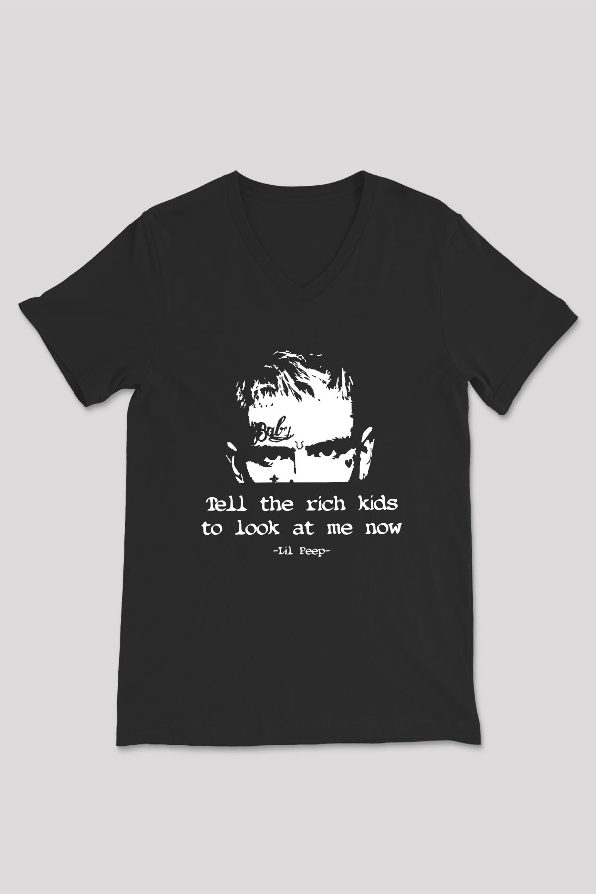 Lil Peep Baskılı Unisex Siyah V Yaka Tişört - Tshirt