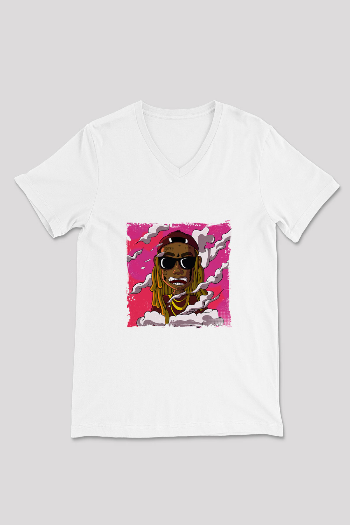 Lil Wayne Baskılı Beyaz V Yaka Unisex Tişört