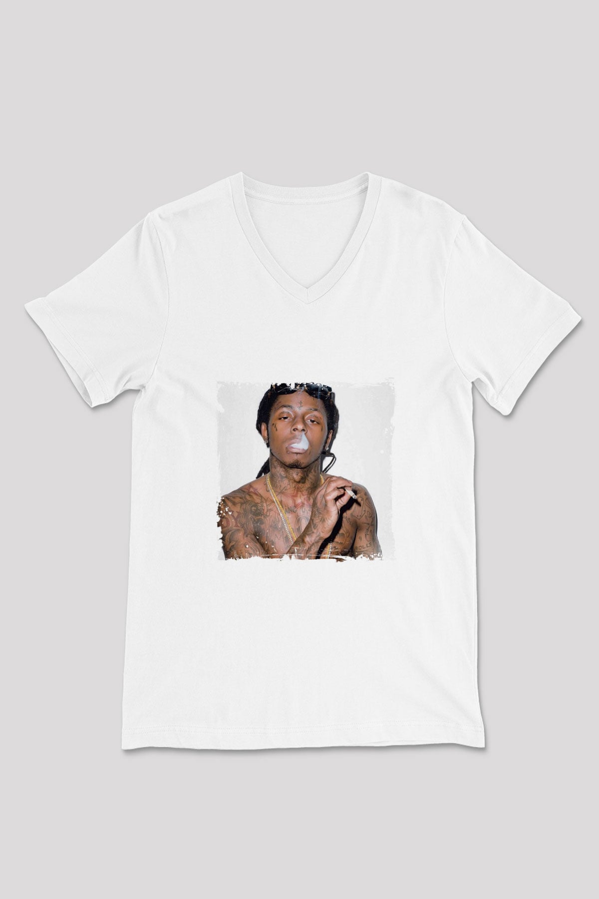 Lil Wayne Baskılı Beyaz V Yaka Unisex Tişört