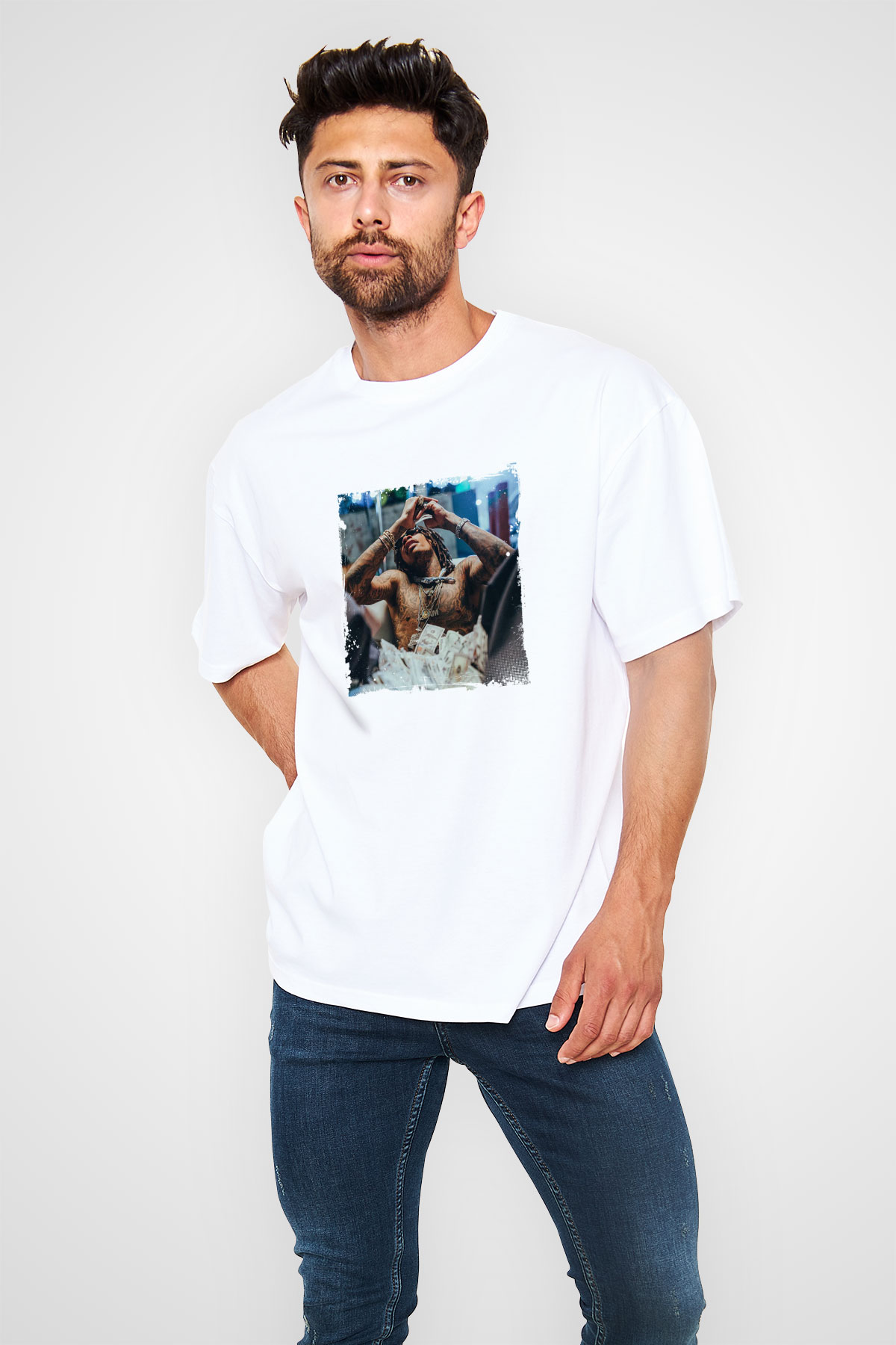 Lil Wayne Baskılı Oversize Beyaz Tişört