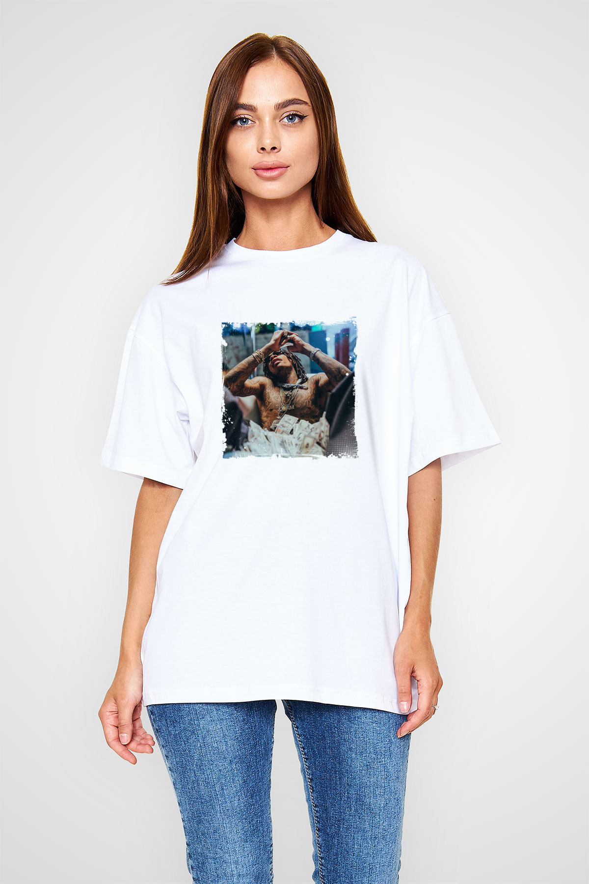 Lil Wayne Baskılı Oversize Beyaz Tişört
