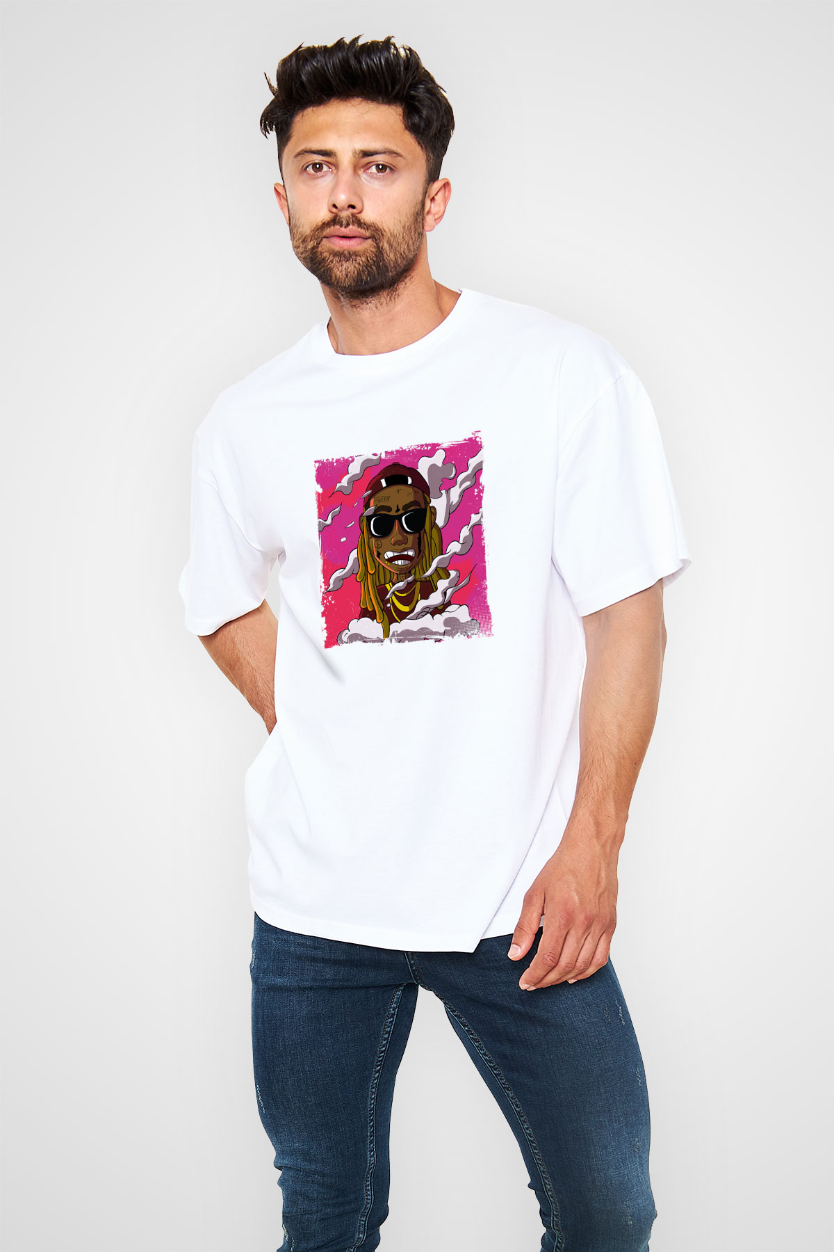 Lil Wayne Baskılı Oversize Beyaz Tişört