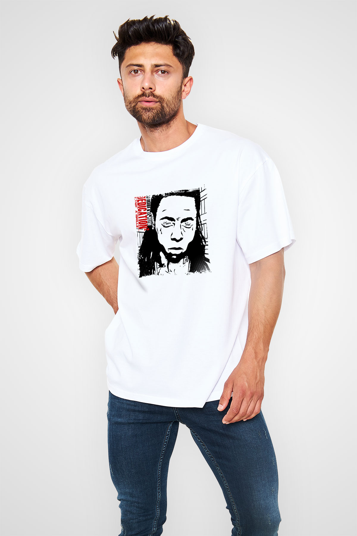 Lil Wayne Baskılı Oversize Beyaz Tişört