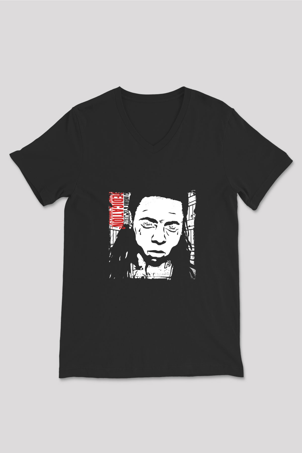 Lil Wayne Baskılı Unisex Siyah V Yaka Tişört