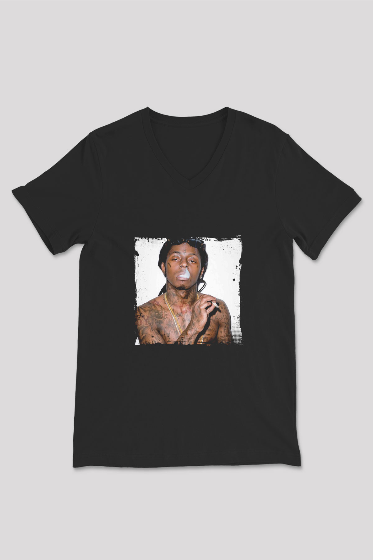 Lil Wayne Baskılı Unisex Siyah V Yaka Tişört