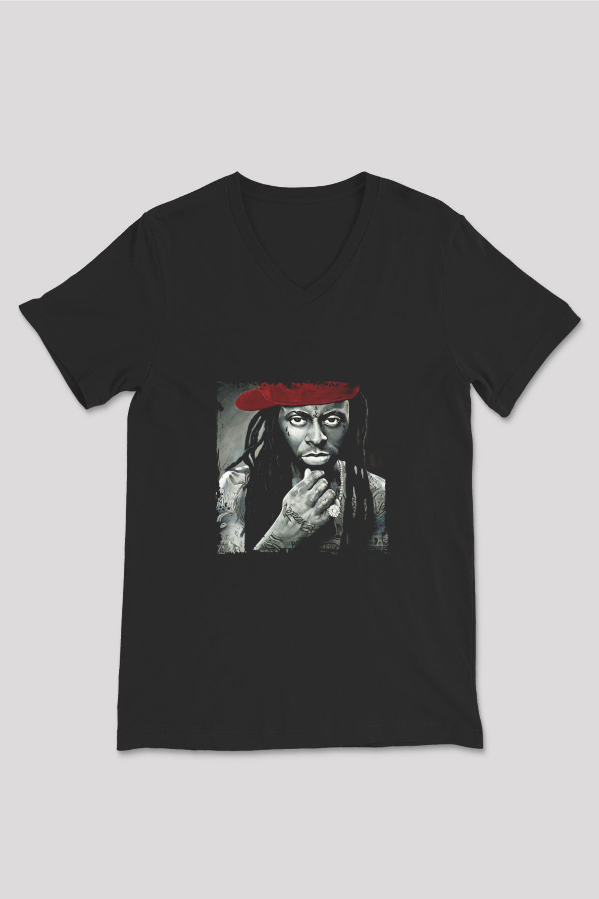 Lil Wayne Baskılı Unisex Siyah V Yaka Tişört
