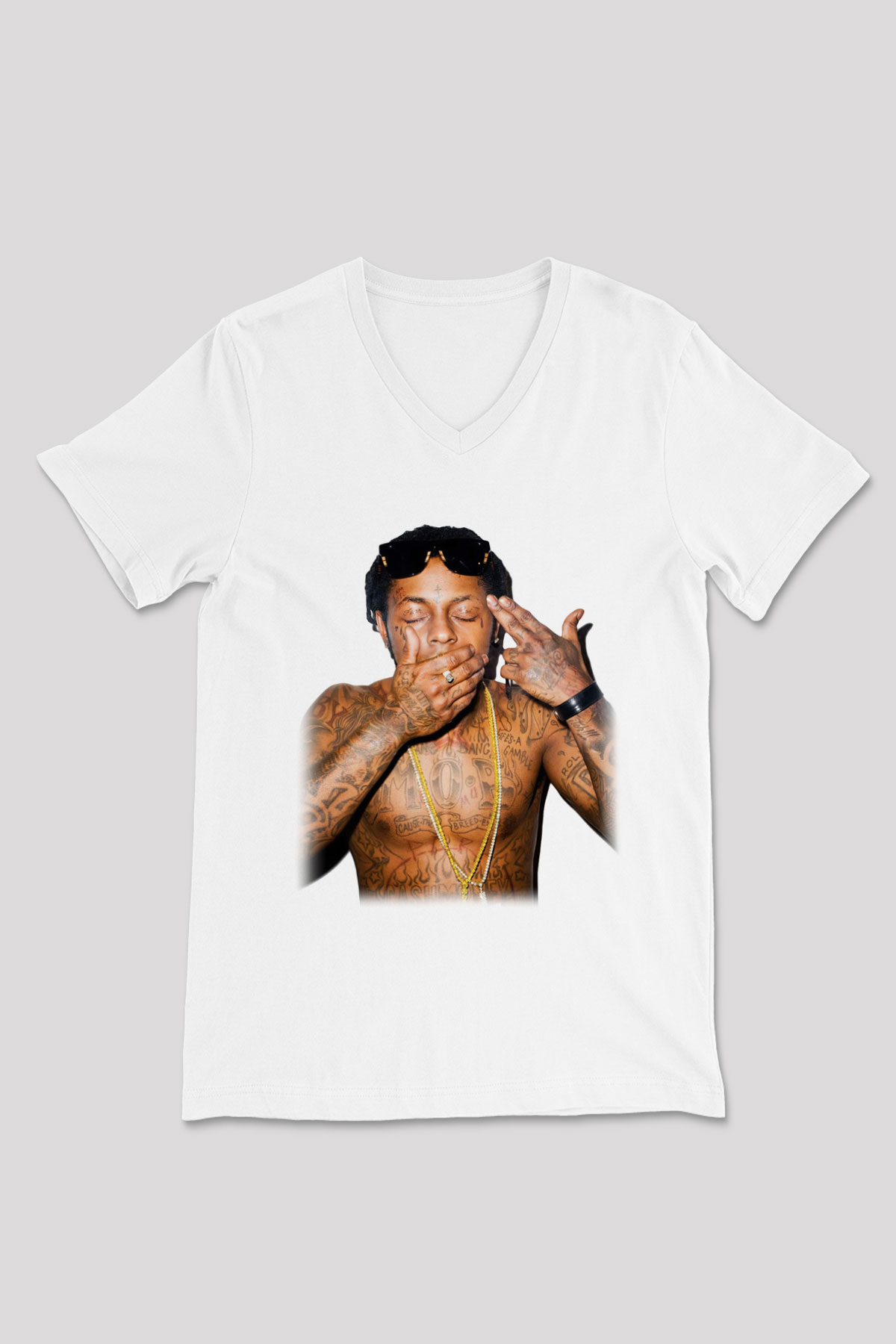Lil Wayne Beyaz Unisex V Yaka Tişört T-Shirt