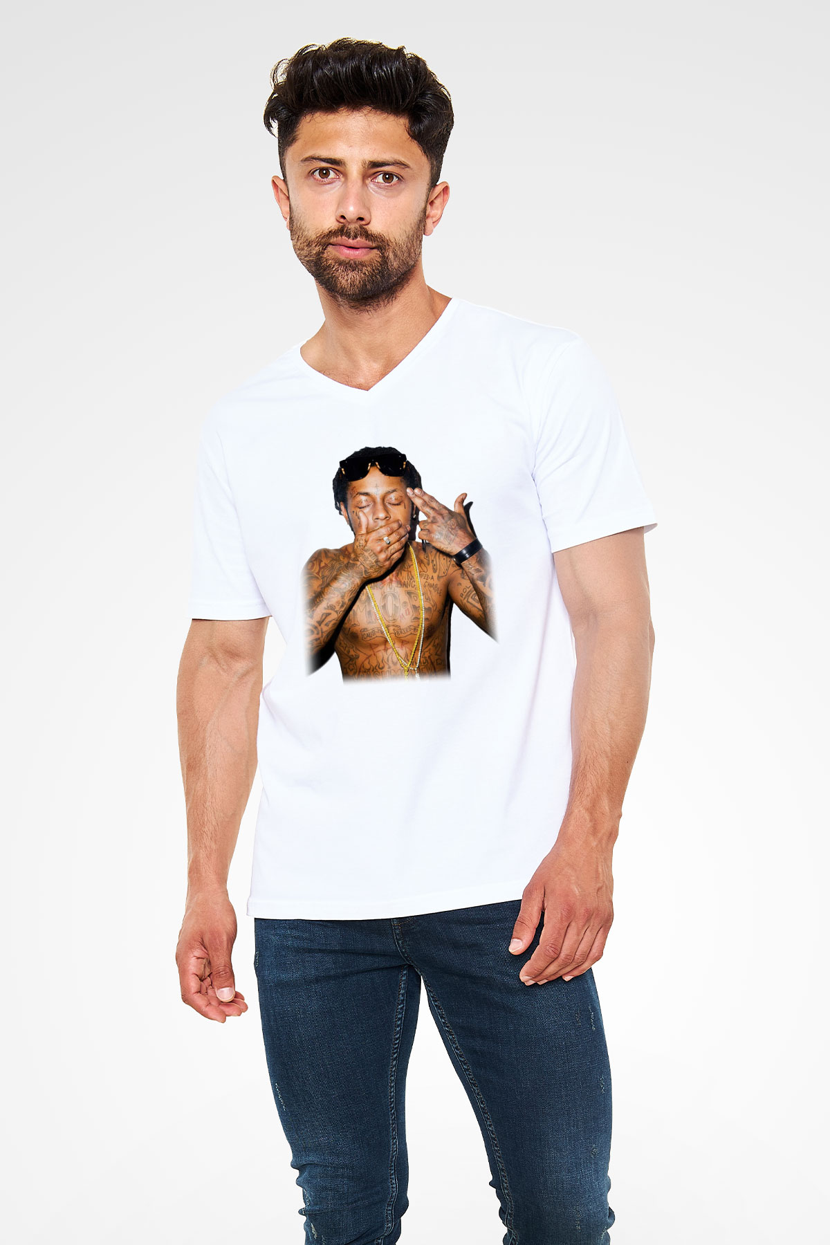 Lil Wayne Beyaz Unisex V Yaka Tişört T-Shirt