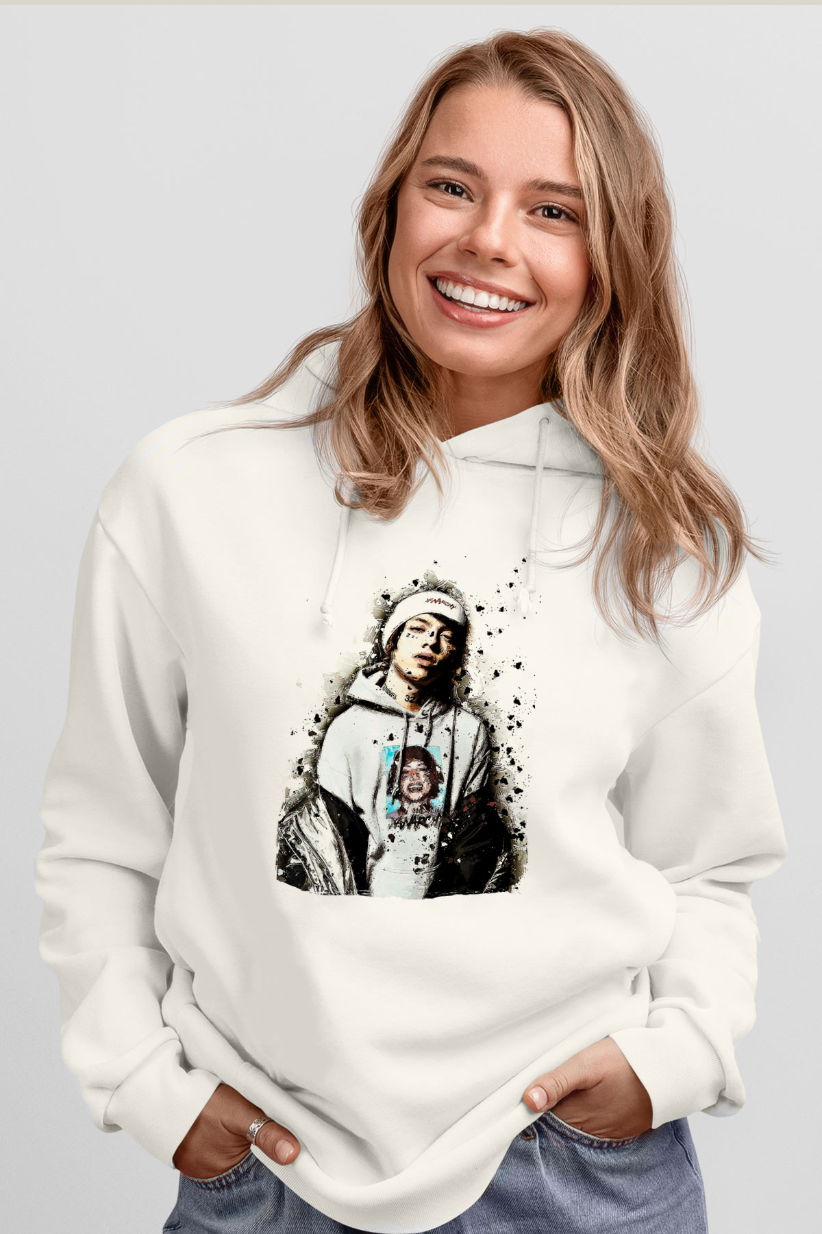 Lil Xan Baskılı Beyaz Unisex Kapüşonlu Sweatshirt