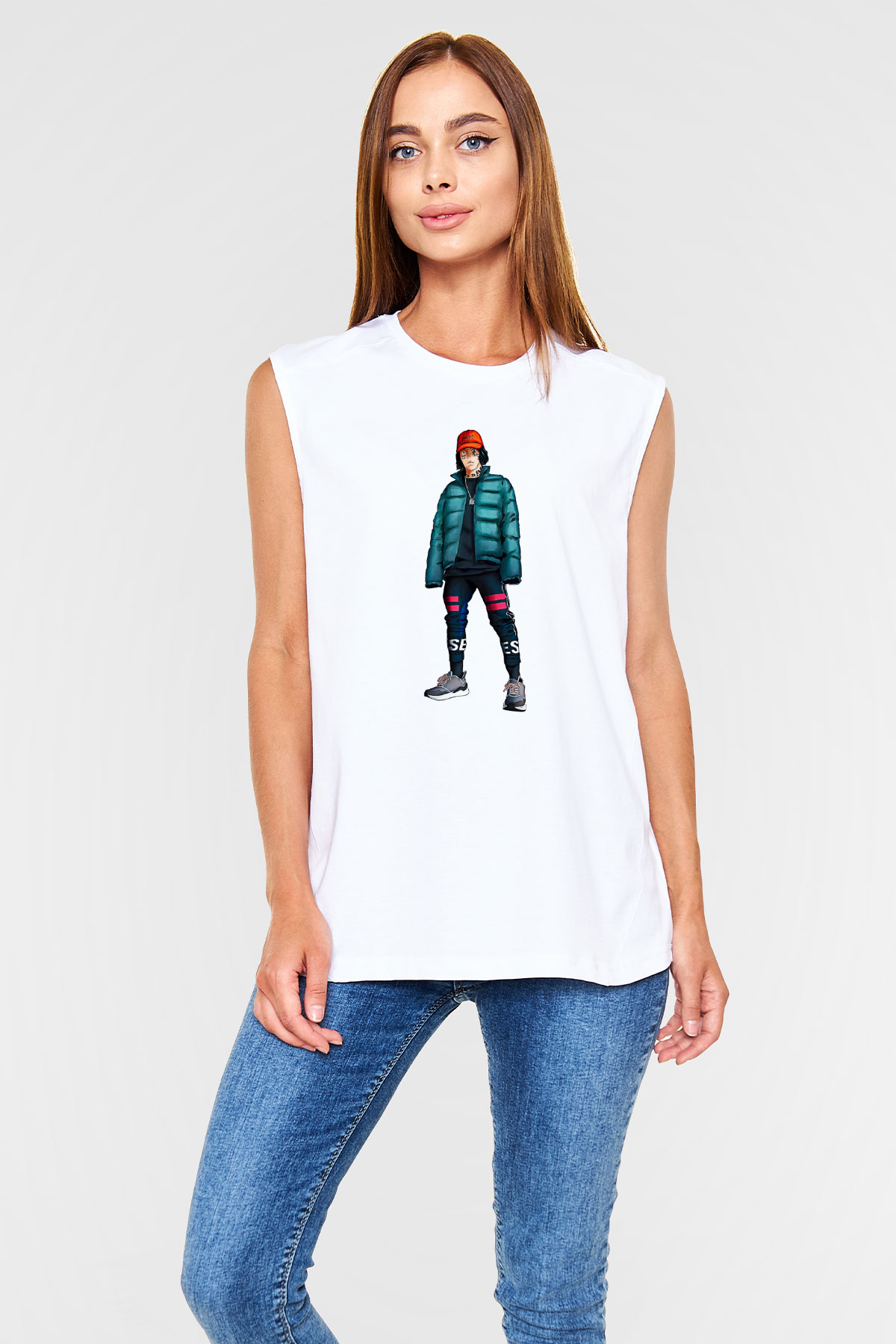 Lil Xan Baskılı Beyaz Unisex Kolsuz Tişört - Tshirt
