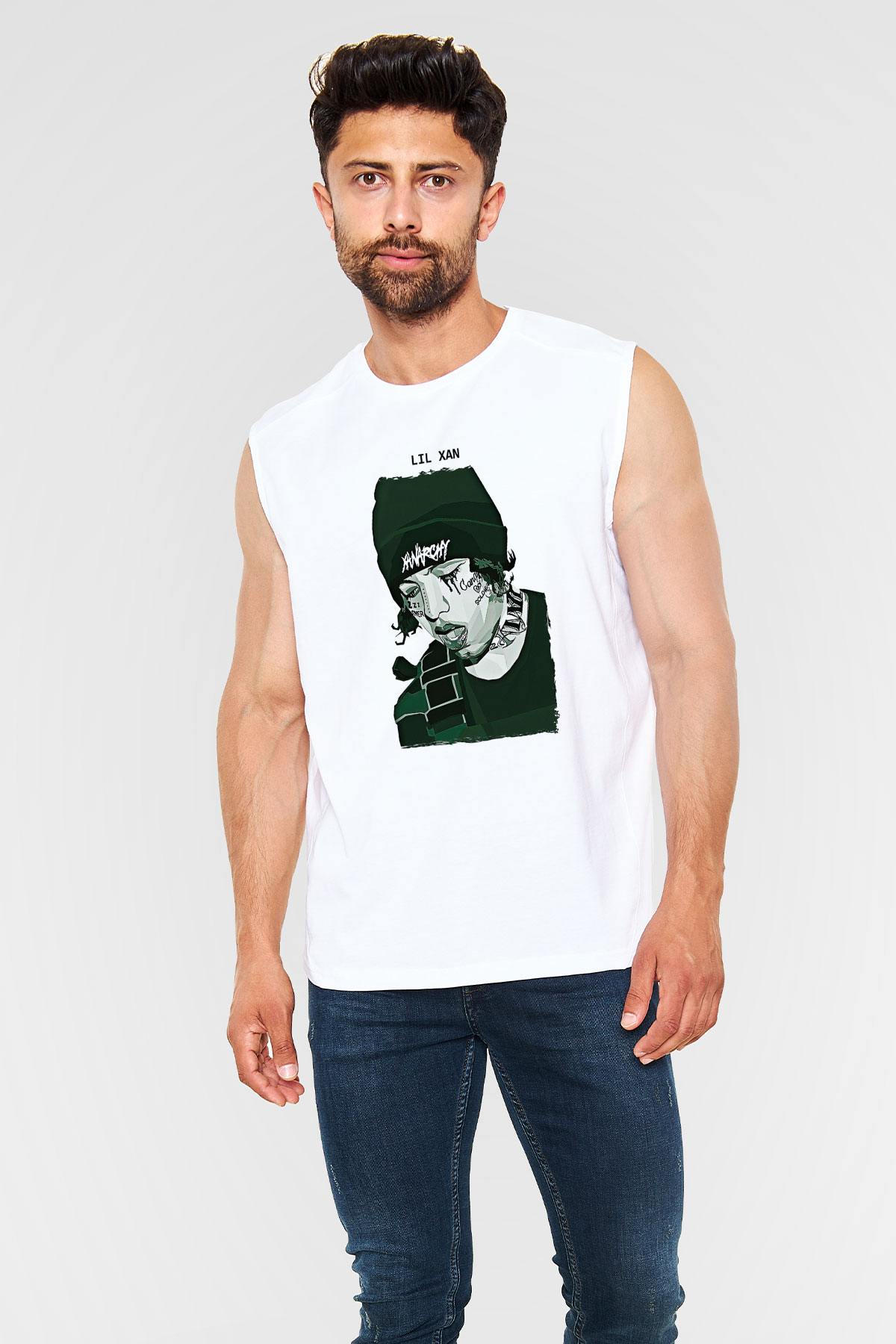 Lil Xan Baskılı Beyaz Unisex Kolsuz Tişört - Tshirt