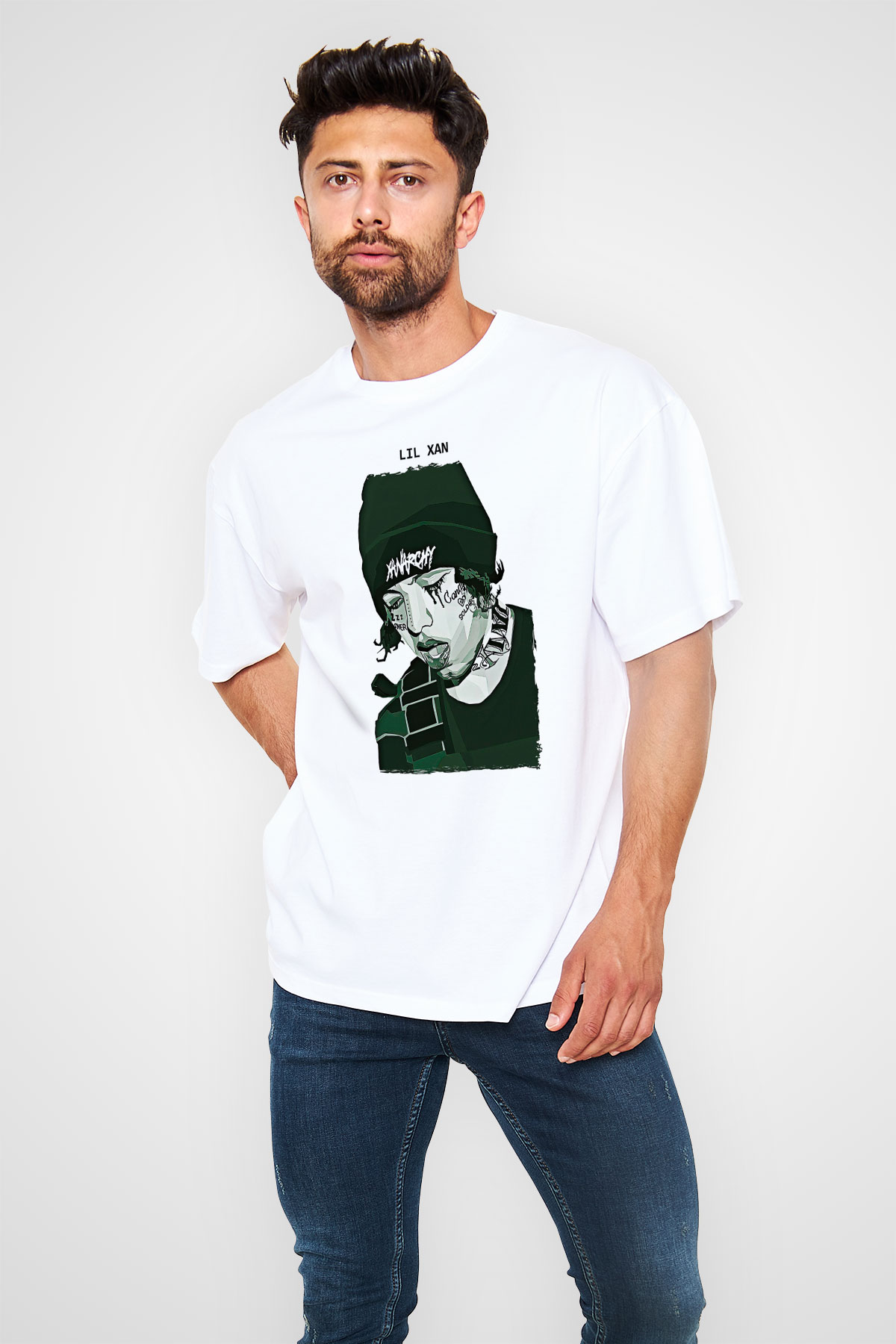 Lil Xan Baskılı Beyaz Unisex Oversize Tişört - Tshirt