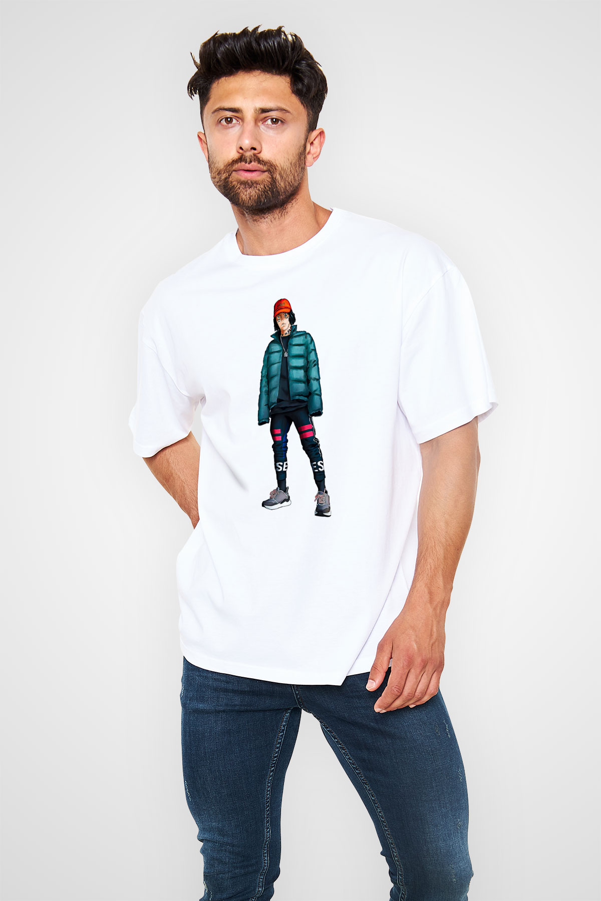 Lil Xan Baskılı Beyaz Unisex Oversize Tişört - Tshirt
