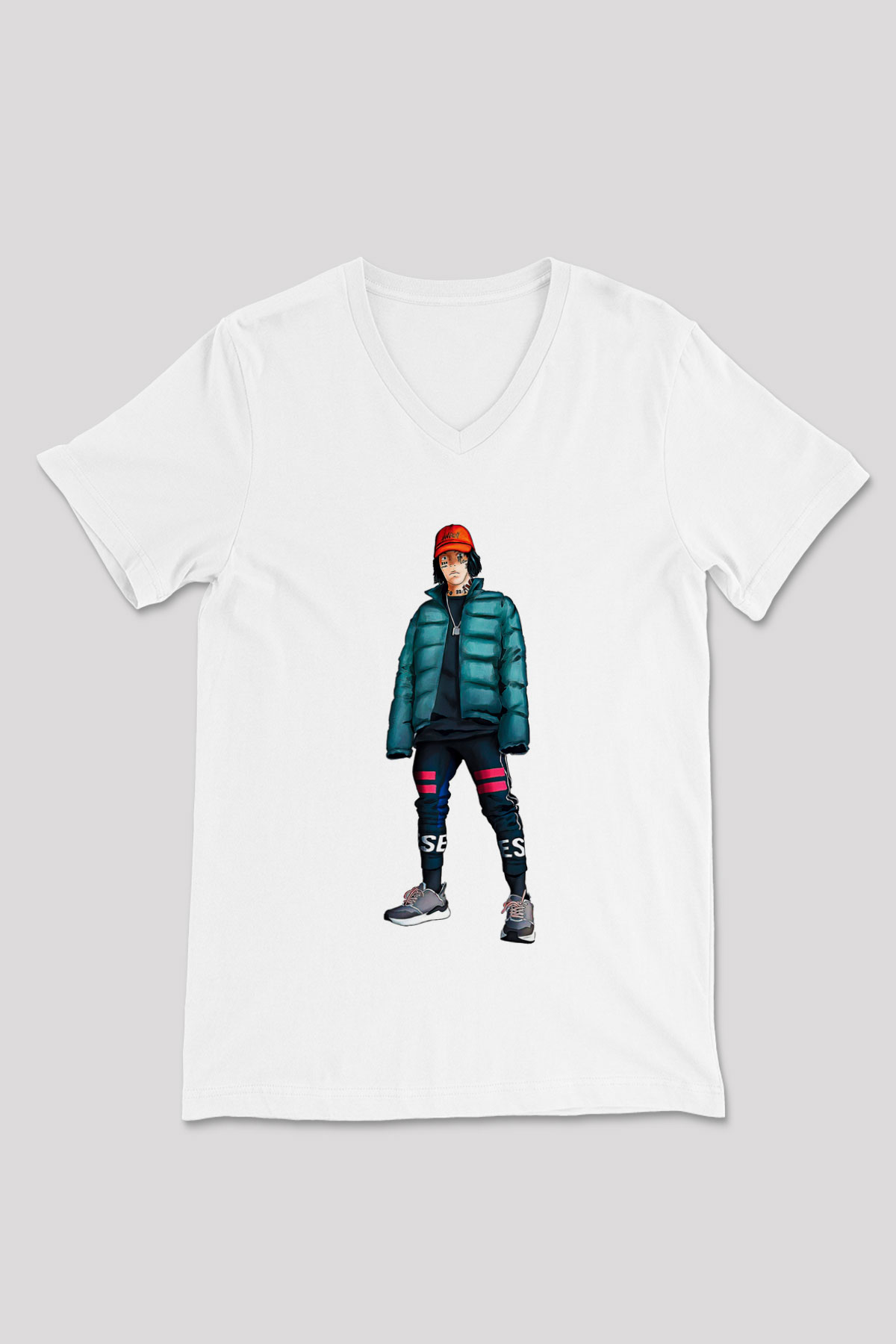 Lil Xan Baskılı Beyaz Unisex V Yaka Tişört - Tshirt