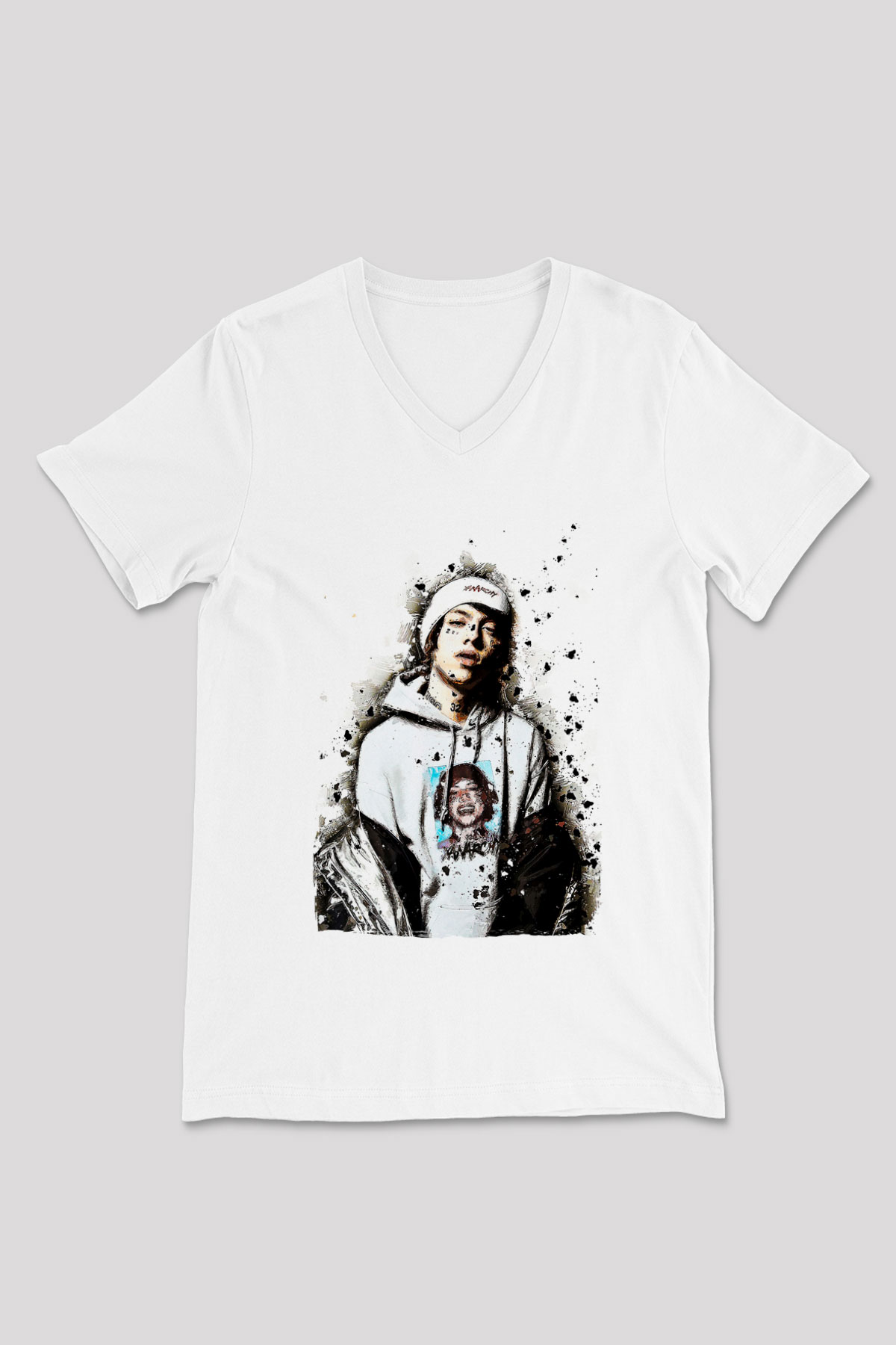Lil Xan Baskılı Beyaz Unisex V Yaka Tişört - Tshirt