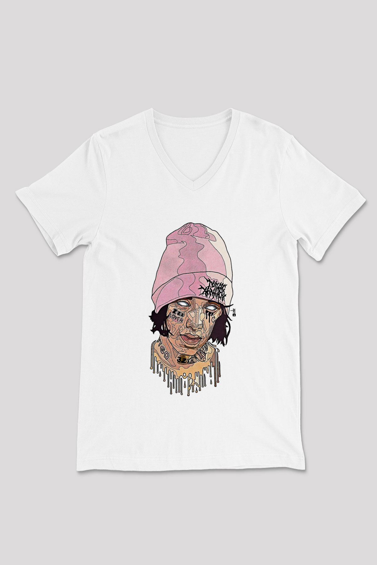 Lil Xan Baskılı Beyaz Unisex V Yaka Tişört - Tshirt