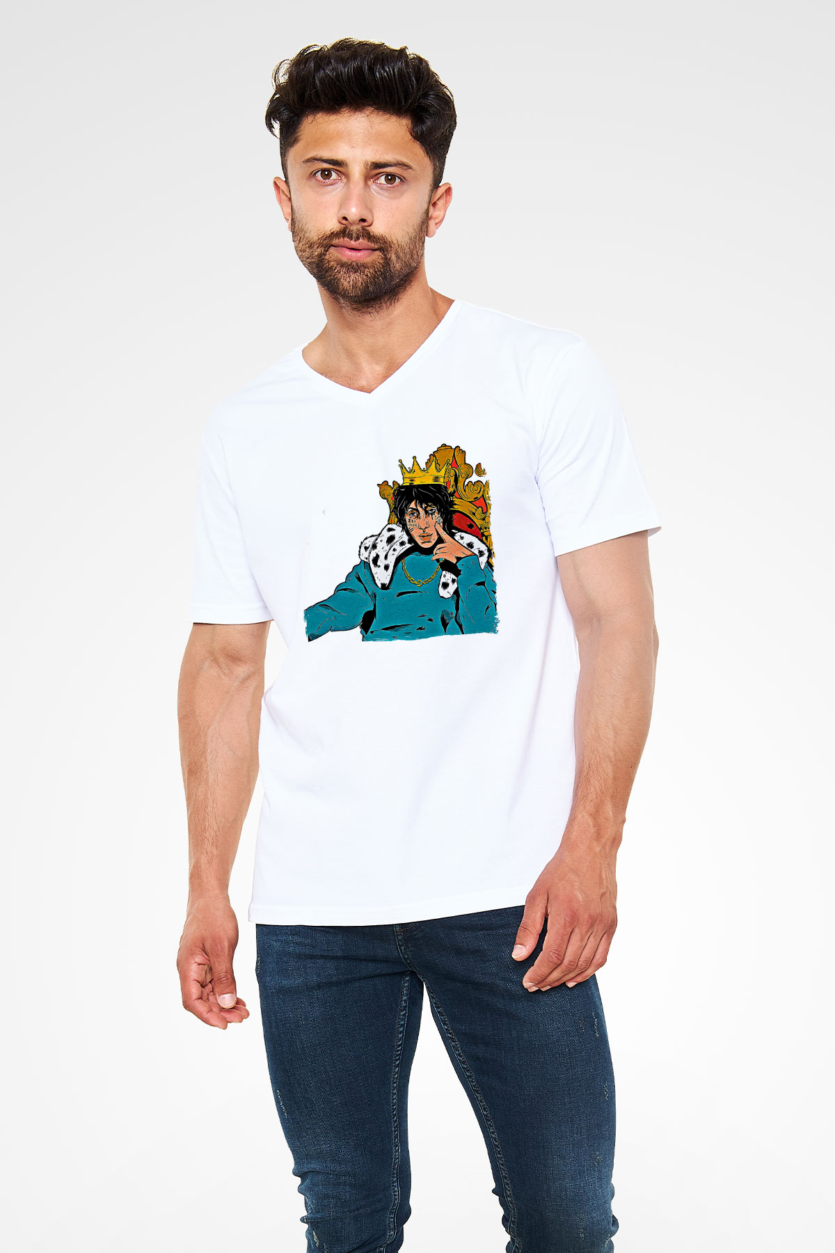 Lil Xan Baskılı Beyaz Unisex V Yaka Tişört - Tshirt