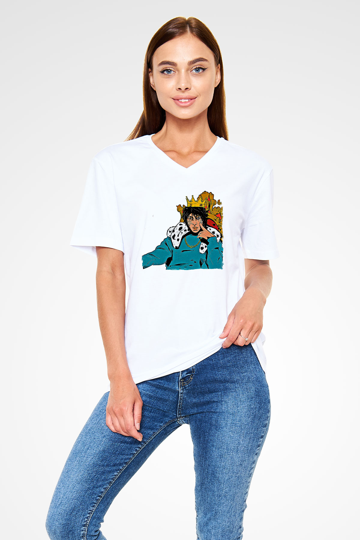 Lil Xan Baskılı Beyaz Unisex V Yaka Tişört - Tshirt