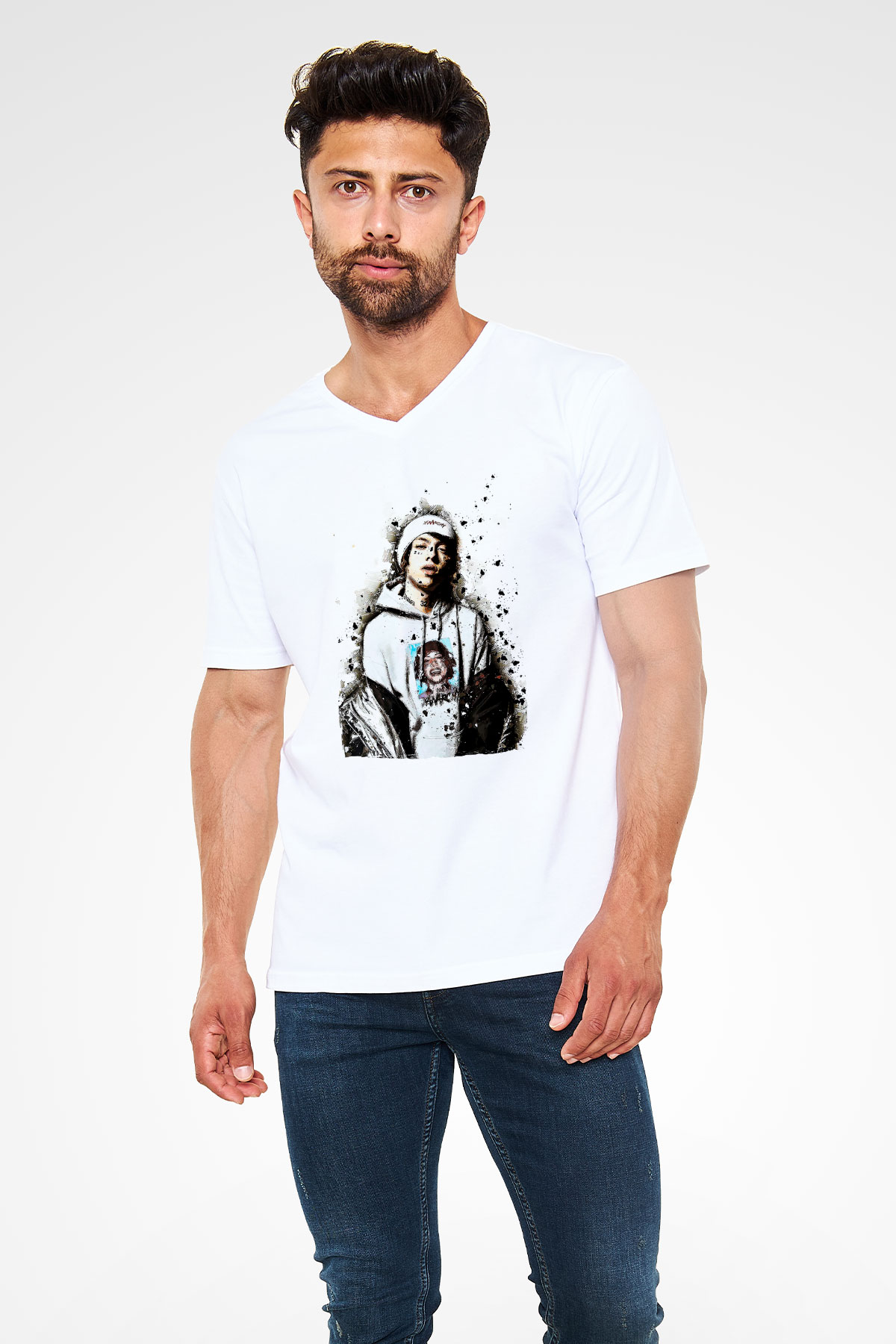 Lil Xan Baskılı Beyaz Unisex V Yaka Tişört - Tshirt