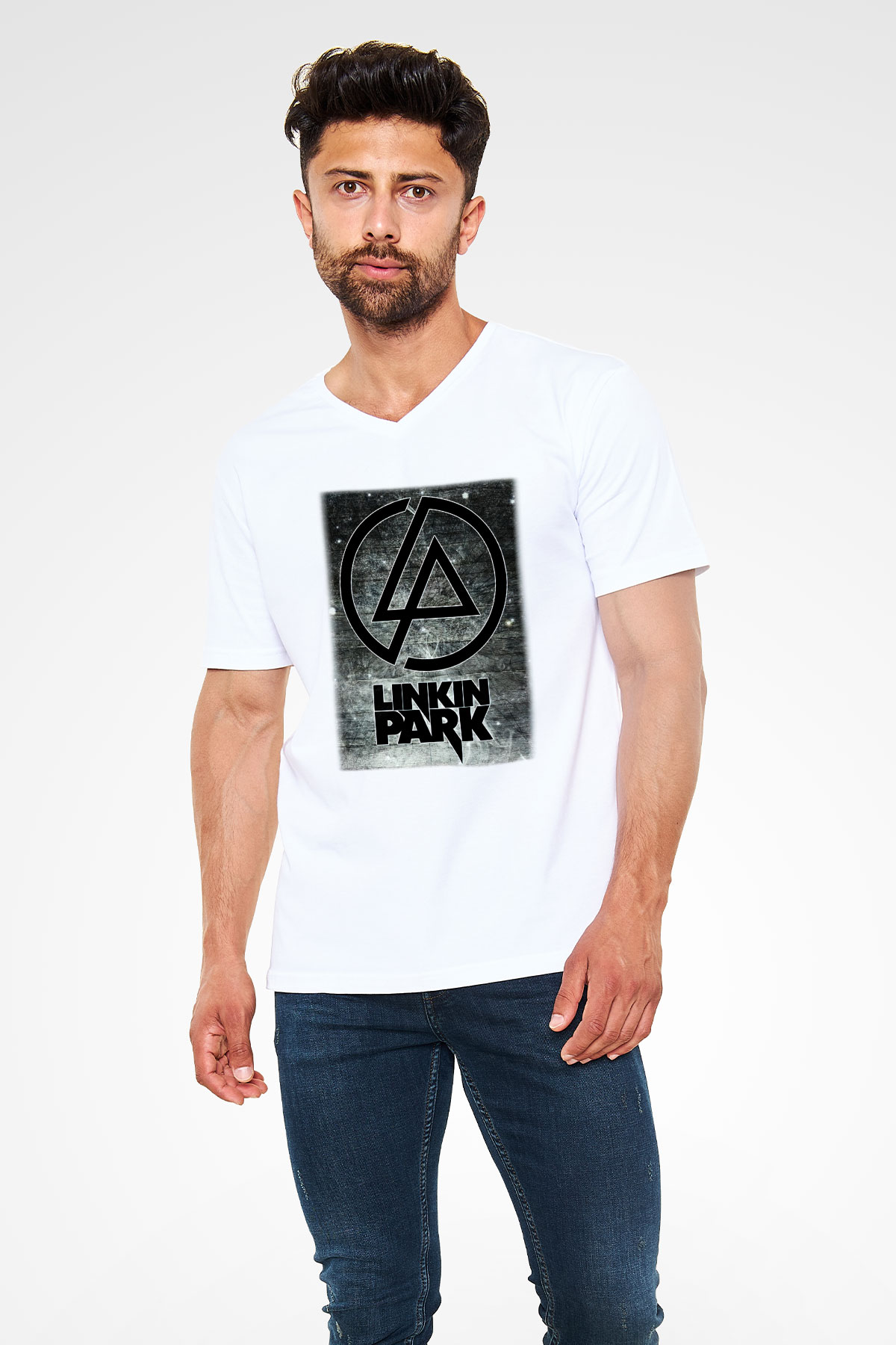 Linkin Park Beyaz Unisex V Yaka Tişört T-Shirt