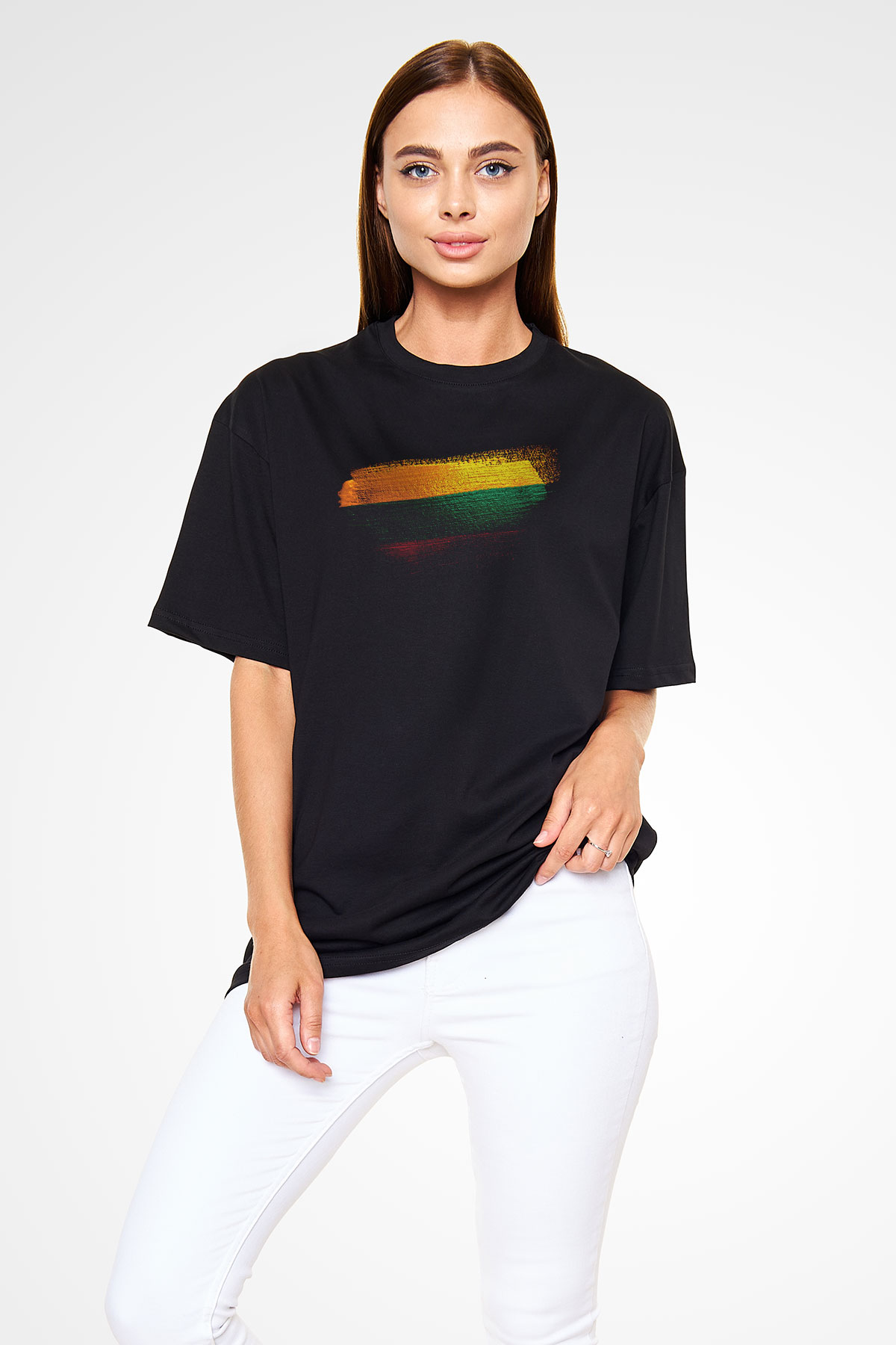 Litvanya - Lithuania Bayrağı Baskılı Unisex Siyah Oversize Tişört