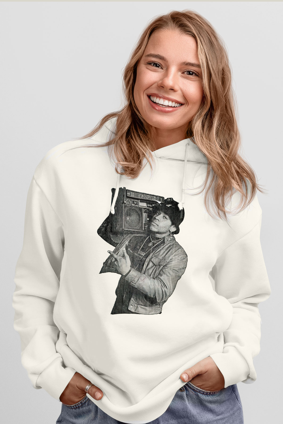 LL Cool J Baskılı Beyaz Unisex Kapüşonlu Sweatshirt