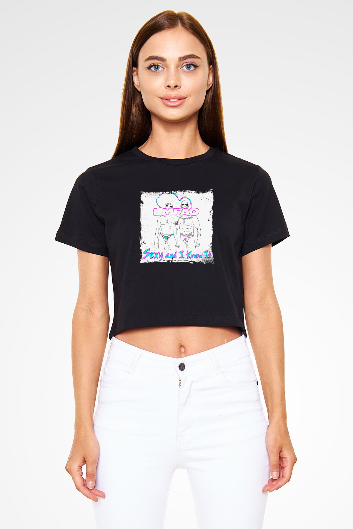 LMFAO Baskılı Crop Top Siyah Kadın Tişört
