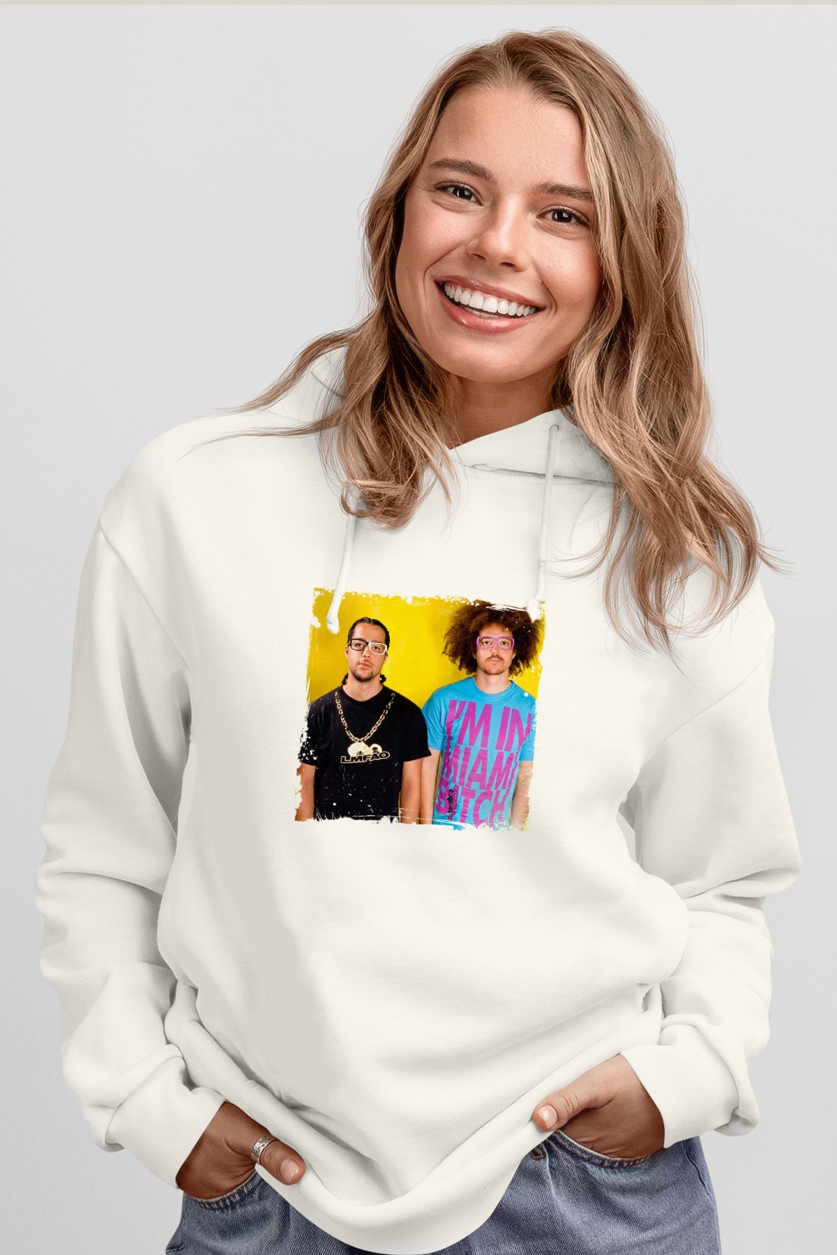 LMFAO Baskılı Unisex Beyaz Kapüşonlu Sweatshirt