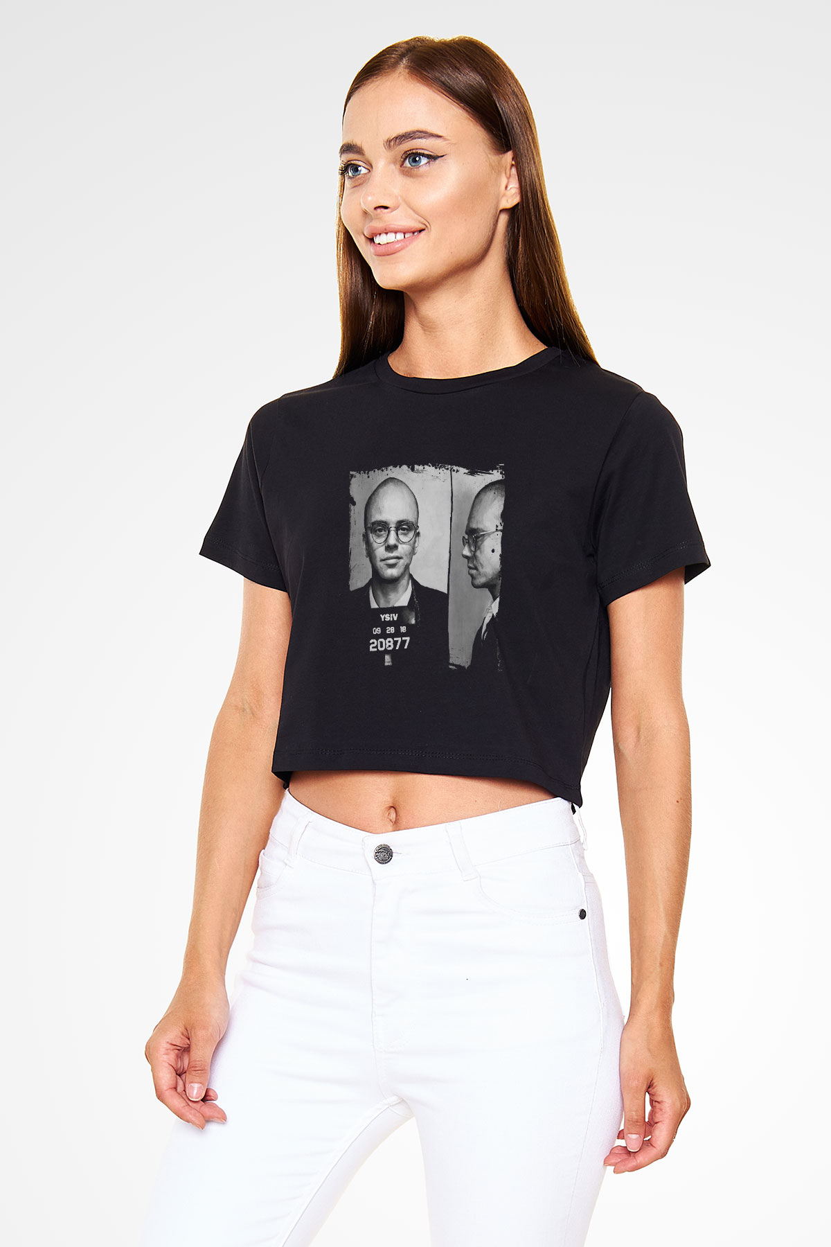 Logic Baskılı Crop Top Siyah Kadın Tişört