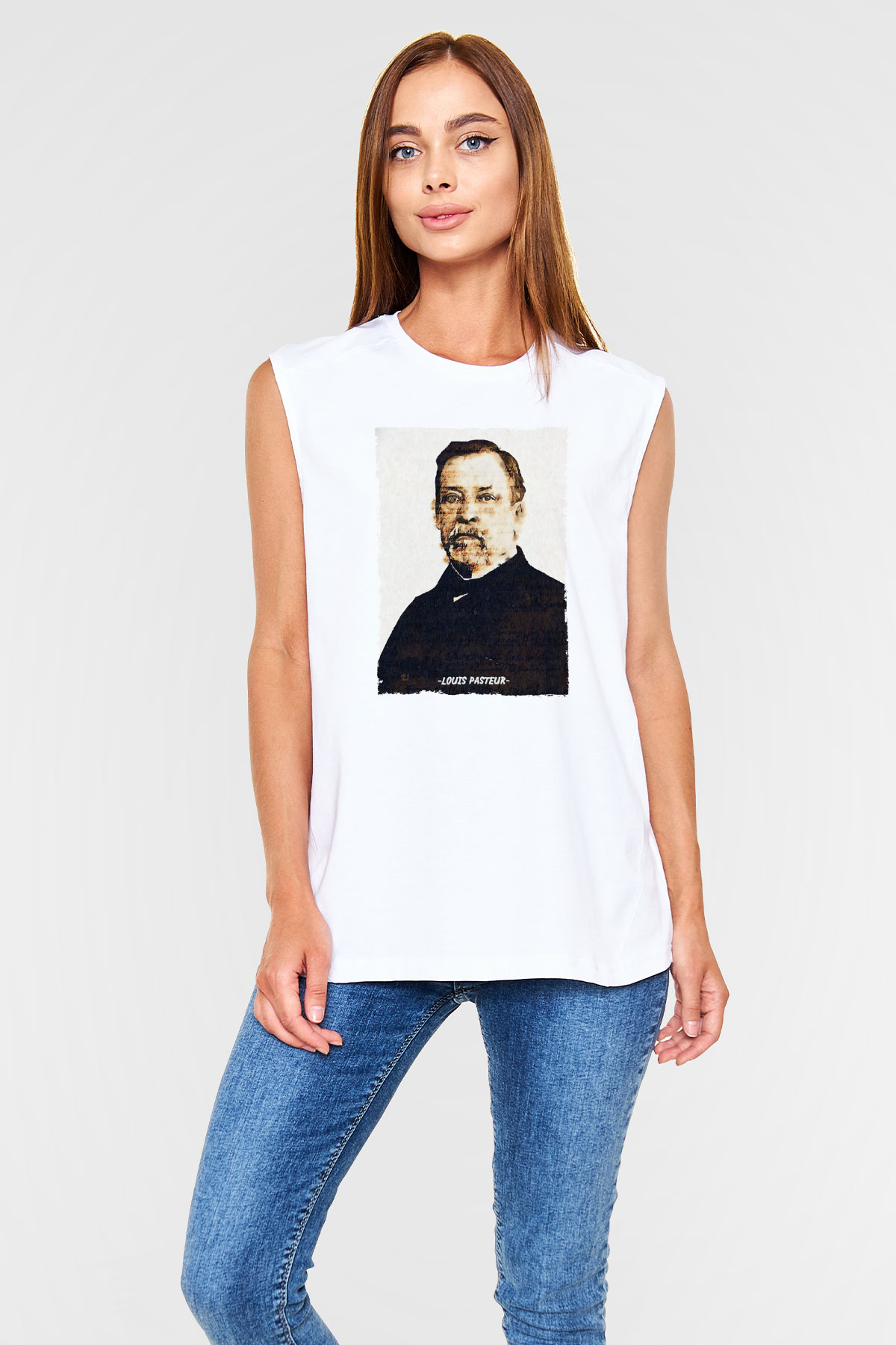 Louis Pasteur Baskılı Unisex Kolsuz Beyaz Tişört - Tshirt