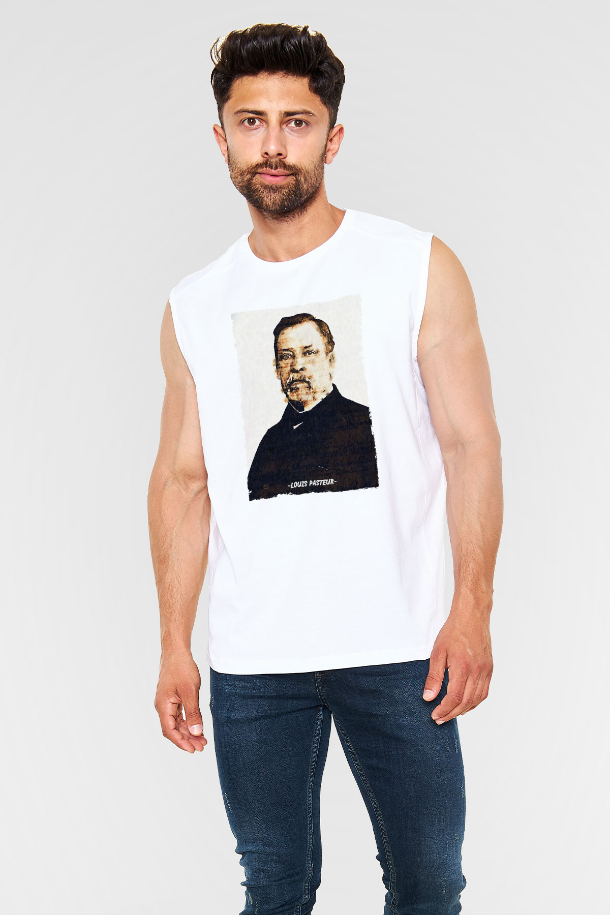 Louis Pasteur Baskılı Unisex Kolsuz Beyaz Tişört - Tshirt