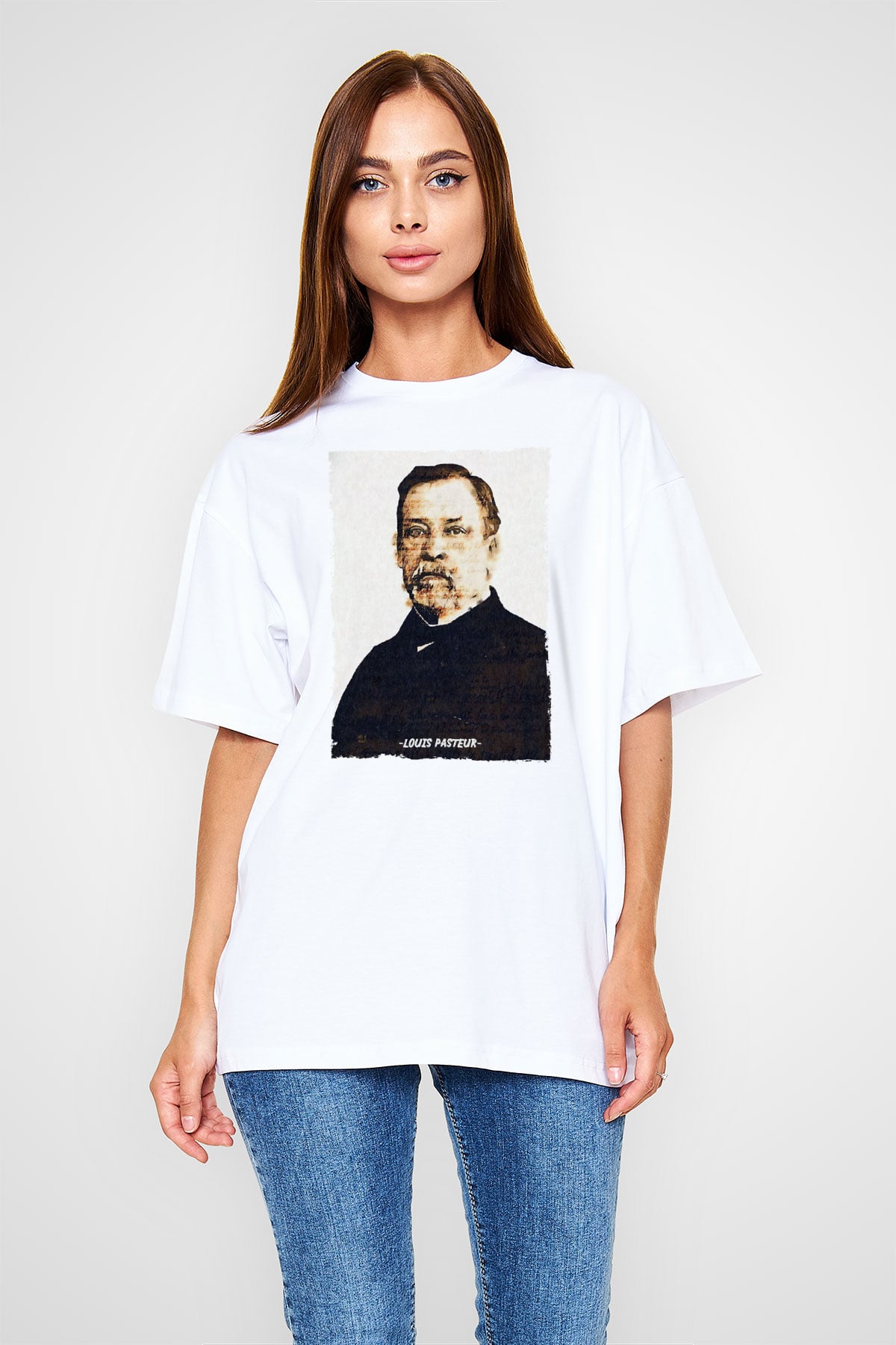 Louis Pasteur Baskılı Unisex Oversize Beyaz Tişört - Tshirt