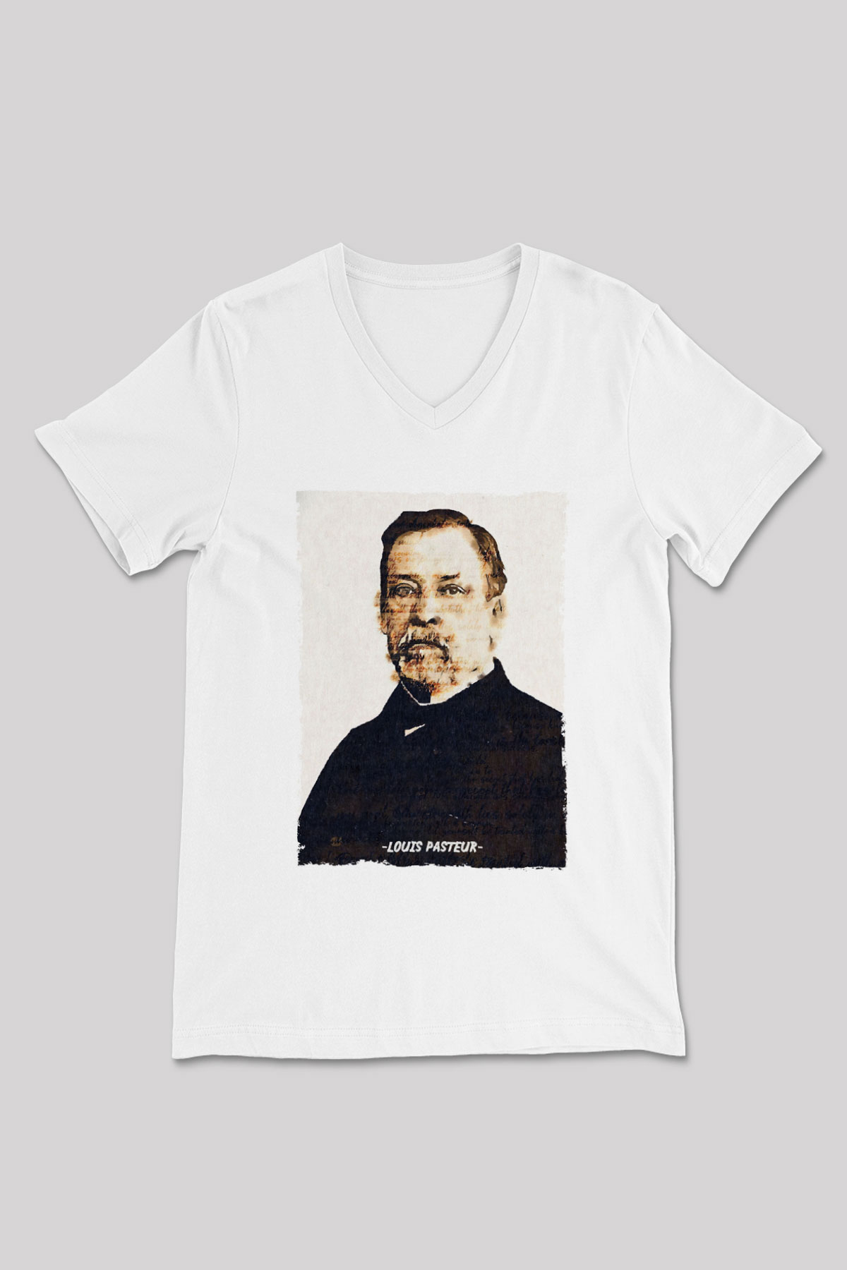 Louis Pasteur Baskılı Unisex V Yaka Beyaz Tişört - Tshirt